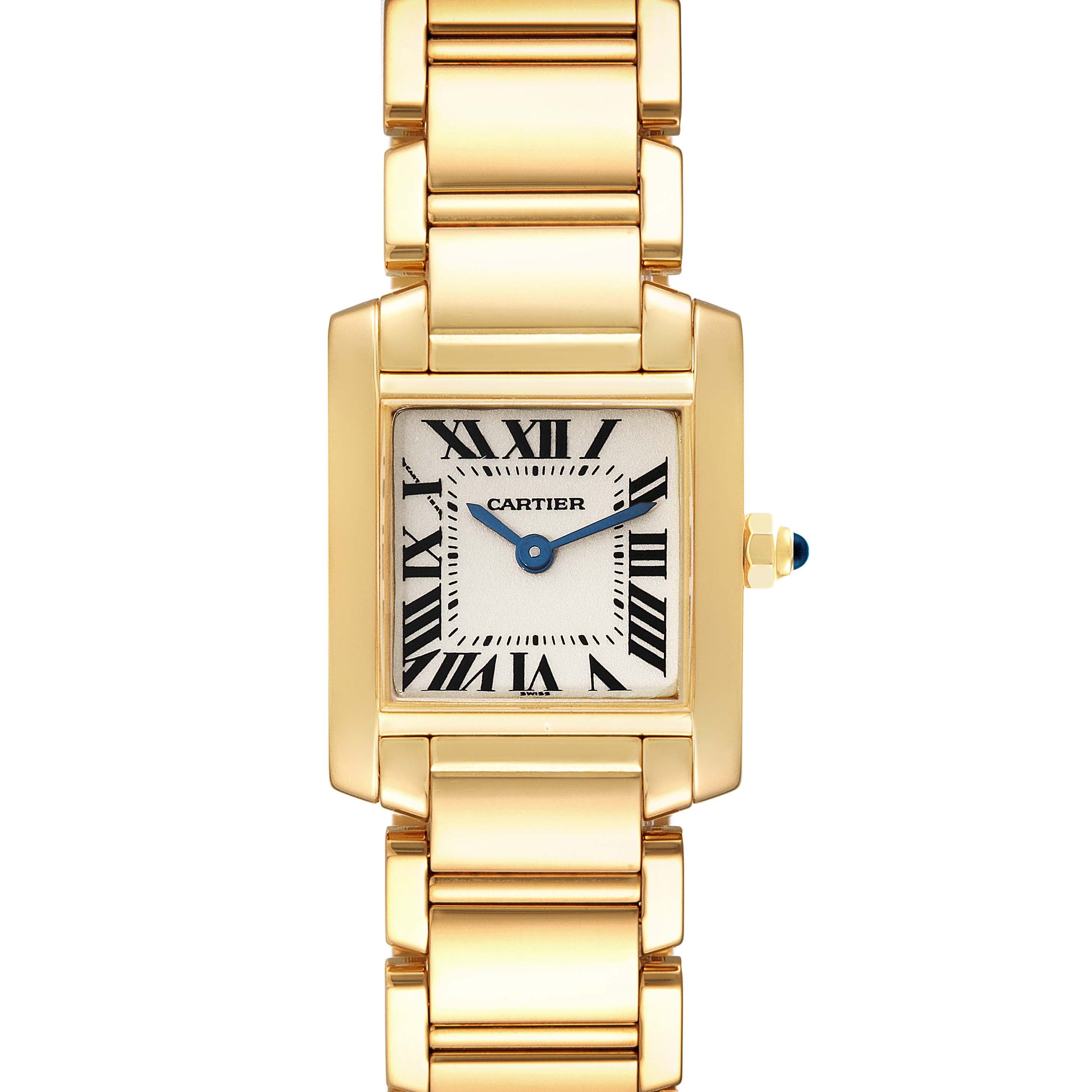This is a front view of the Cartier Tank Francaise W50002N2 Women's Yellow Gold Silver Dial W50002N2 Women's Yellow Gold Silver Dial watch, showing the face, bracelet, and crown with a blue cabochon.