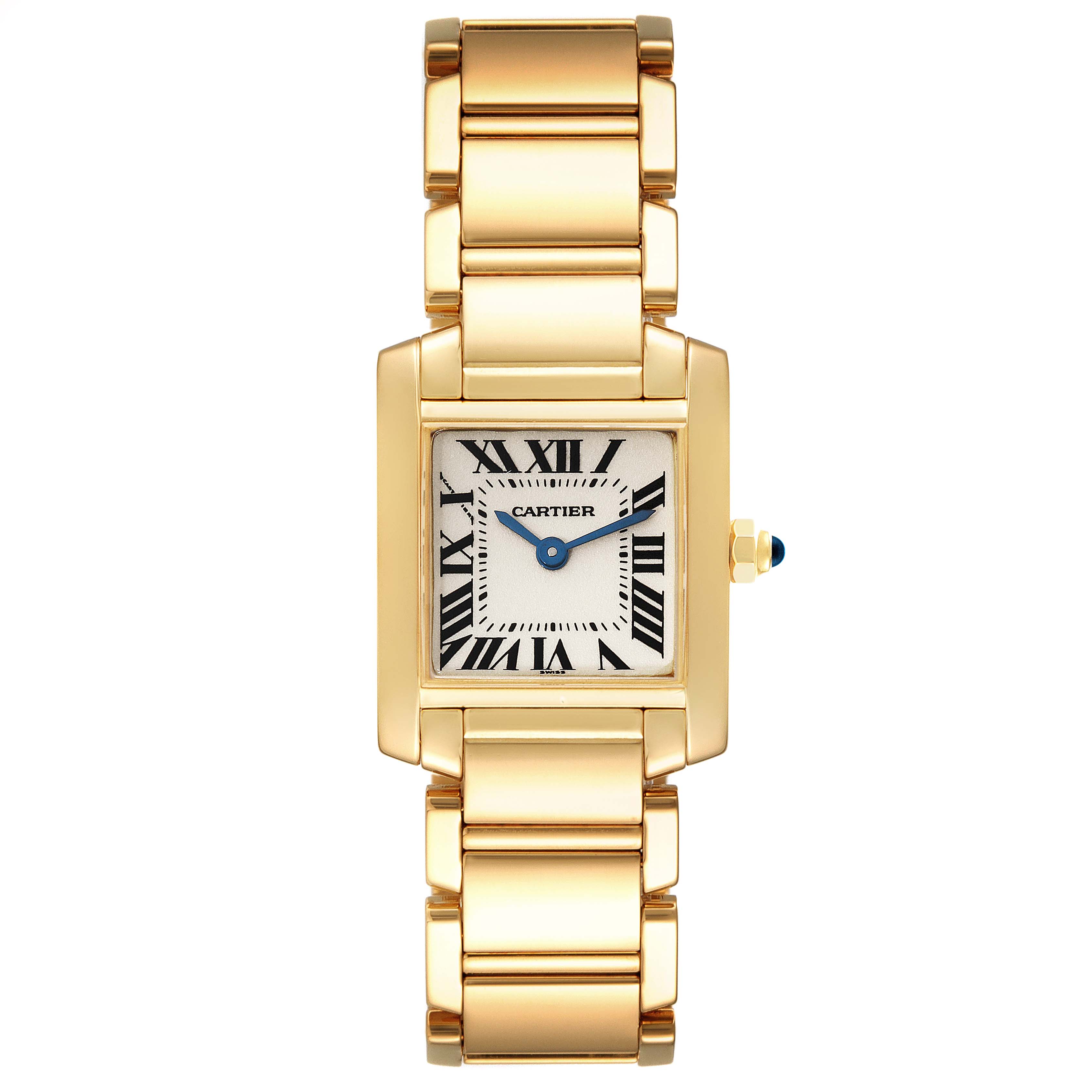 The image shows a Cartier Tank Francaise W50002N2 Women's Yellow Gold Silver Dial W50002N2 Women's Yellow Gold Silver Dial watch from a top-down angle, displaying the gold bracelet and rectangular face with Roman numerals.