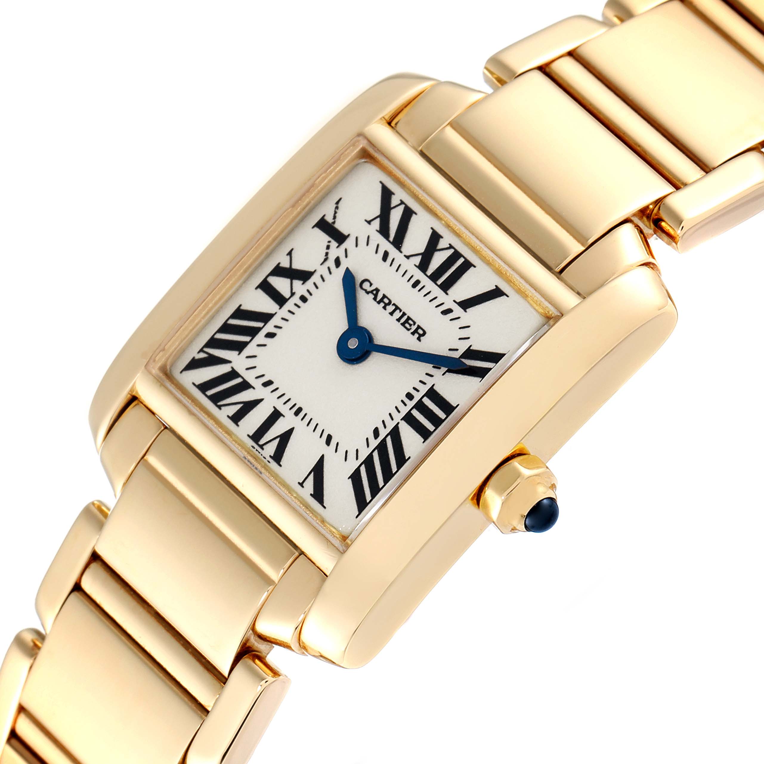 The image shows an angled view of the Cartier Tank Francaise W50002N2 Women's Yellow Gold Silver Dial W50002N2 Women's Yellow Gold Silver Dial watch, highlighting its gold bracelet and rectangular dial with Roman numerals.