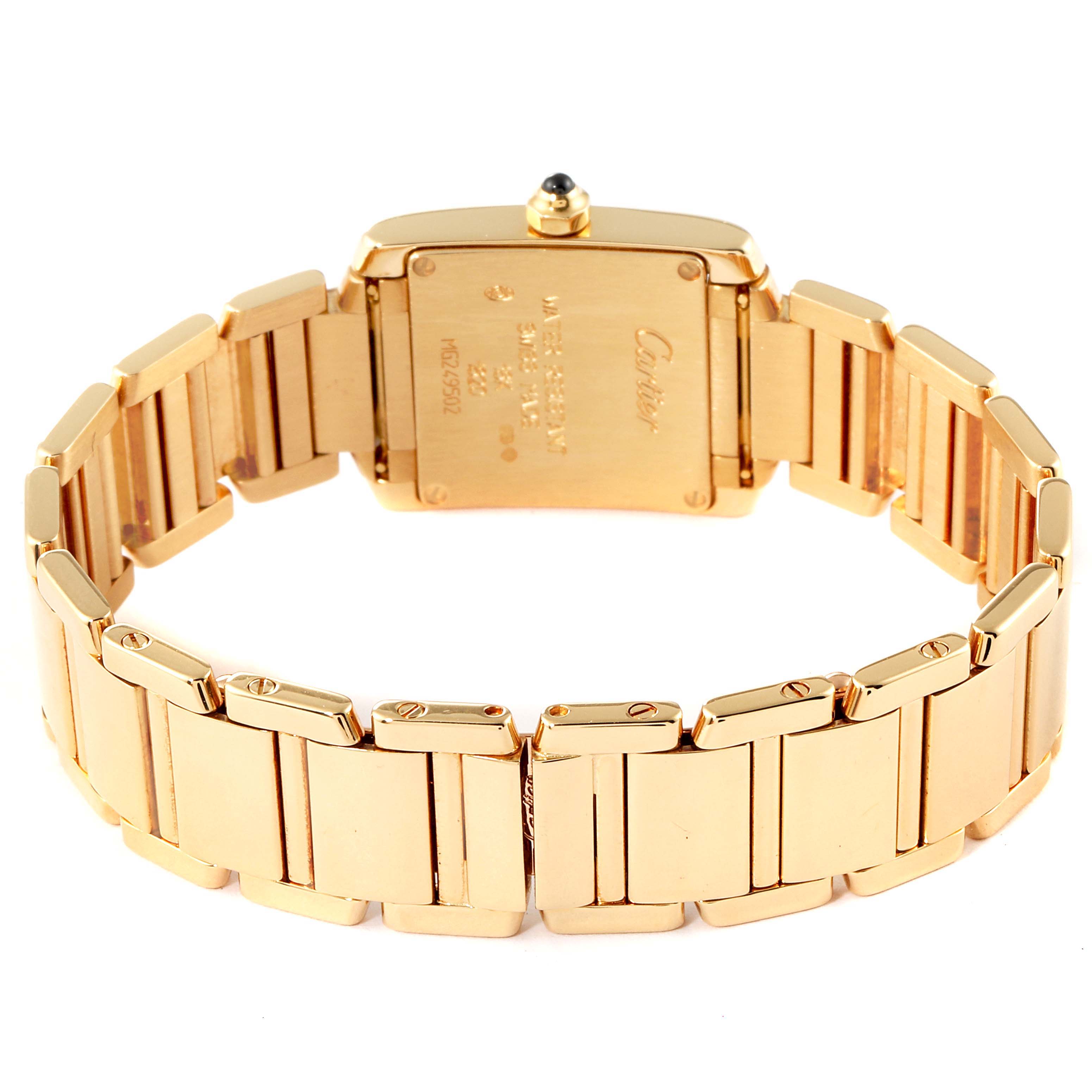 The image shows the back and bracelet of a Cartier Tank Francaise W50002N2 Women's Yellow Gold Silver Dial W50002N2 Women's Yellow Gold Silver Dial watch in gold.