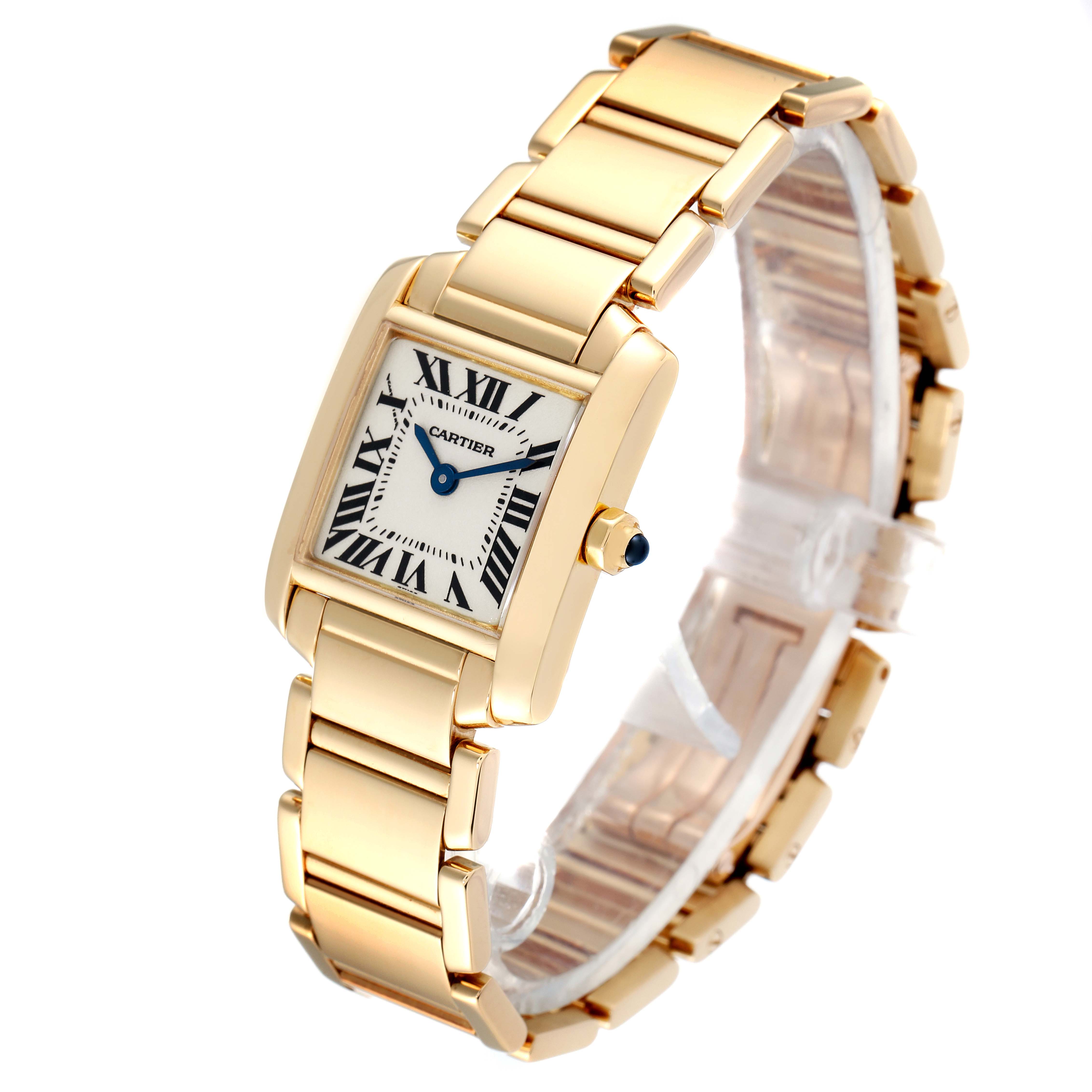 The image shows an angled view of the Cartier Tank Francaise W50002N2 Women's Yellow Gold Silver Dial W50002N2 Women's Yellow Gold Silver Dial watch, highlighting its gold case, bracelet, and dial.