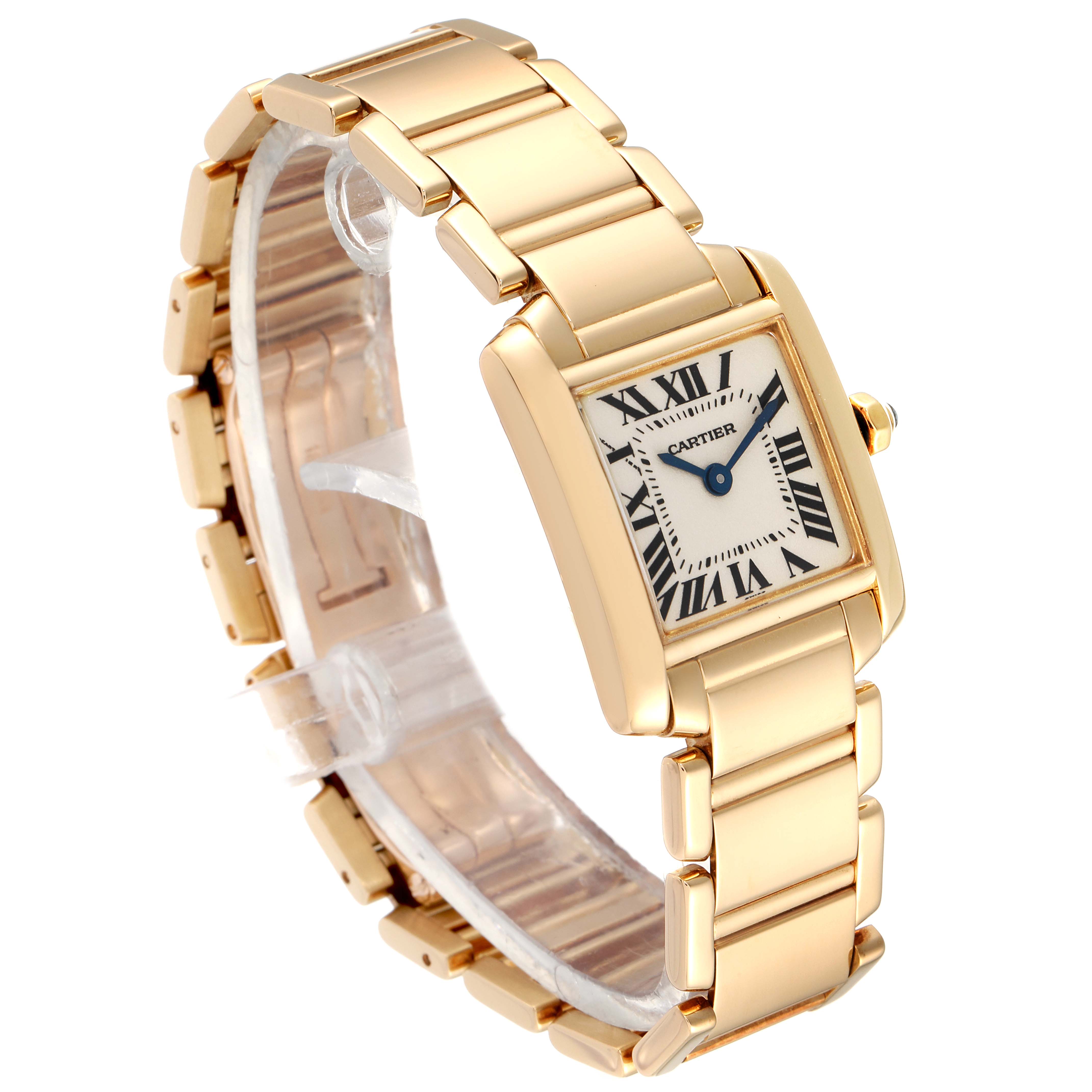 The image shows a gold Cartier Tank Francaise W50002N2 Women's Yellow Gold Silver Dial W50002N2 Women's Yellow Gold Silver Dial watch at a three-quarter angle, displaying its bracelet and rectangular face with Roman numerals.