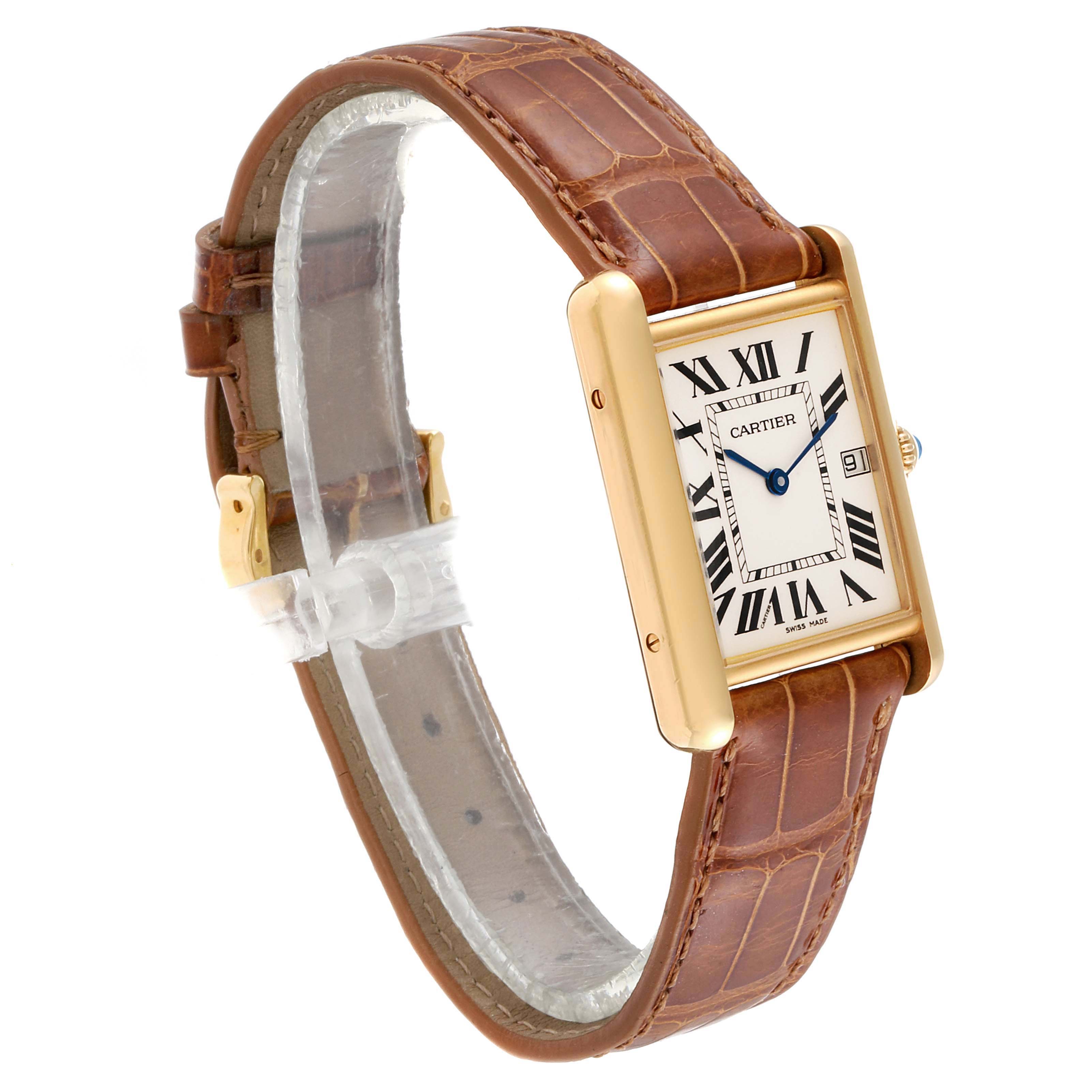 The image shows a side view of the Cartier Tank Louis W1529756 Men's Yellow Gold Silver Dial W1529756 Men's Yellow Gold Silver Dial watch, highlighting its rectangular face, Roman numerals, and brown leather strap.