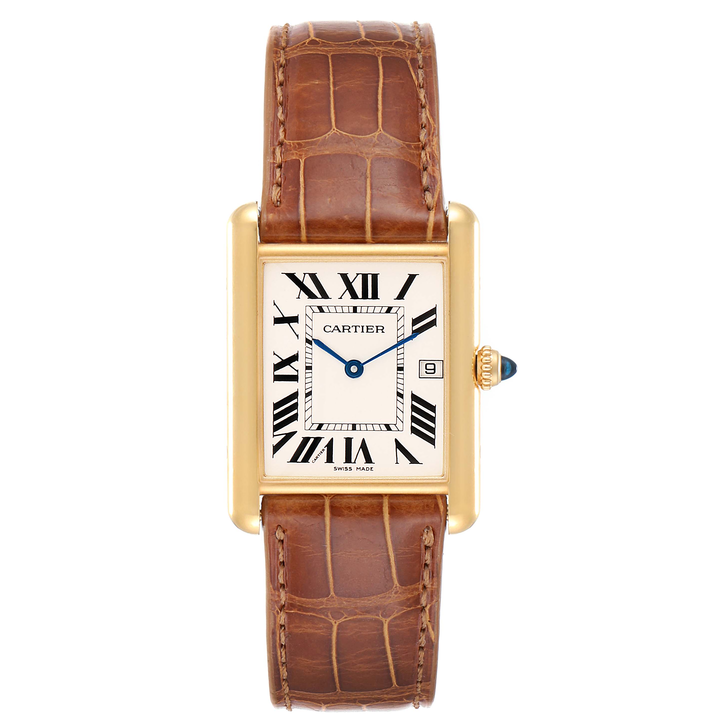 The image shows a frontal view of the Cartier Tank Louis W1529756 Men's Yellow Gold Silver Dial W1529756 Men's Yellow Gold Silver Dial watch, displaying its dial, brown leather strap, and gold case.