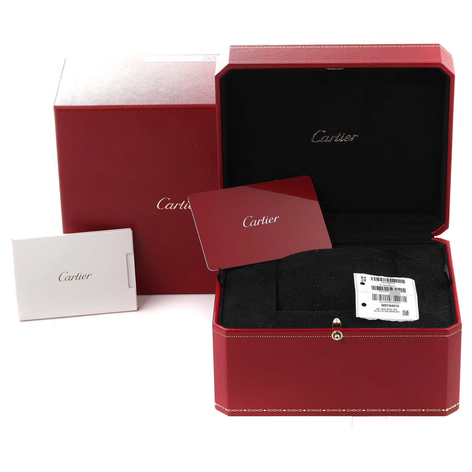 The image shows the packaging and accessories for the Cartier Tank Must WSTA0072 Women
s Stainless Steel Black Dial WSTA0072 Women
s Stainless Steel Black Dial model, including the box, booklet, and card.