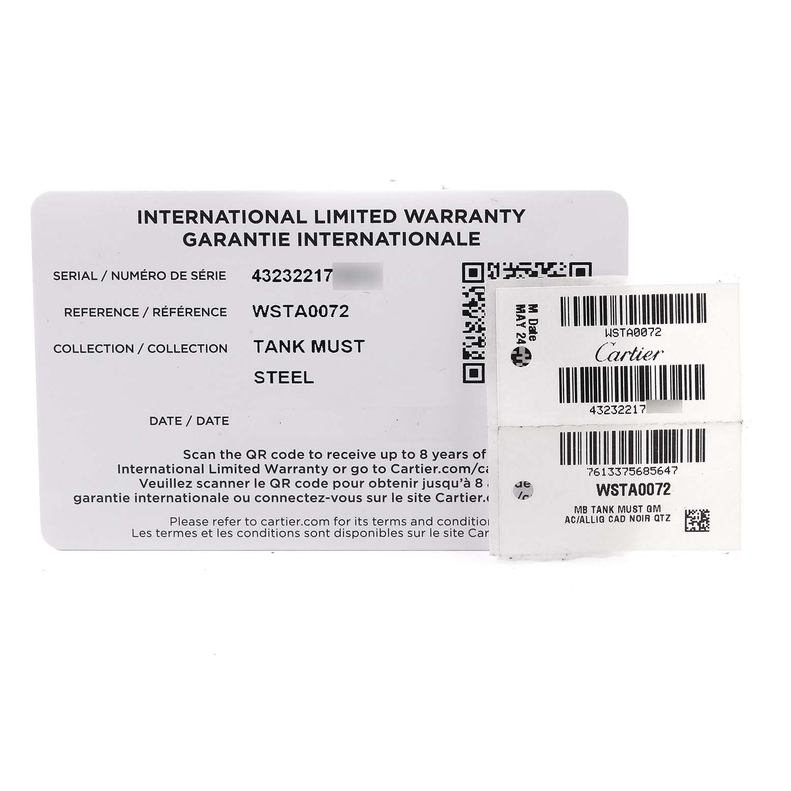 This image shows the warranty card and label for the Cartier Tank Must WSTA0072 Women
s Stainless Steel Black Dial WSTA0072 Women
s Stainless Steel Black Dial model watch.
