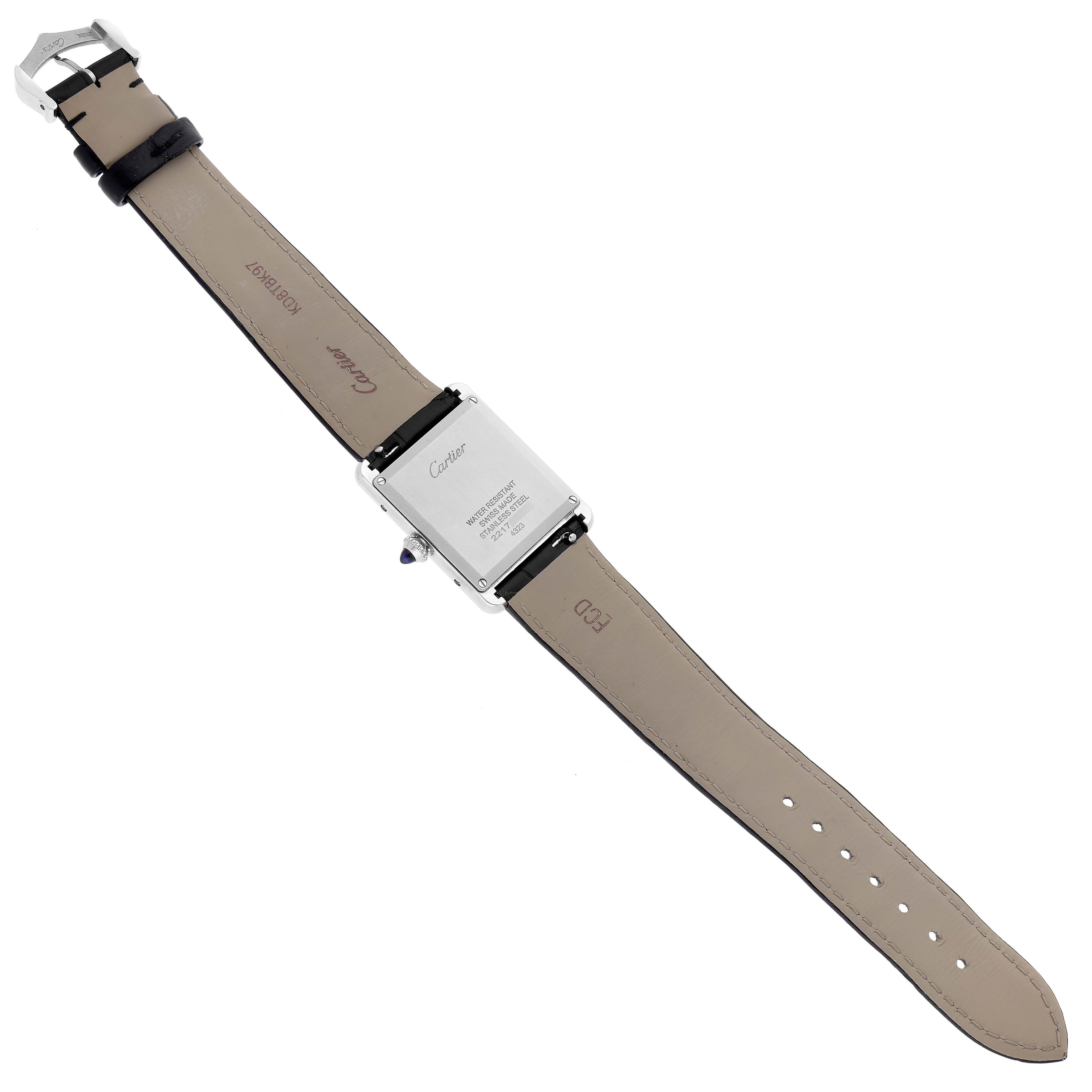 The image shows the back and strap of a Cartier Tank Must WSTA0072 Women
s Stainless Steel Black Dial WSTA0072 Women
s Stainless Steel Black Dial watch, laid flat with the case back fully visible.