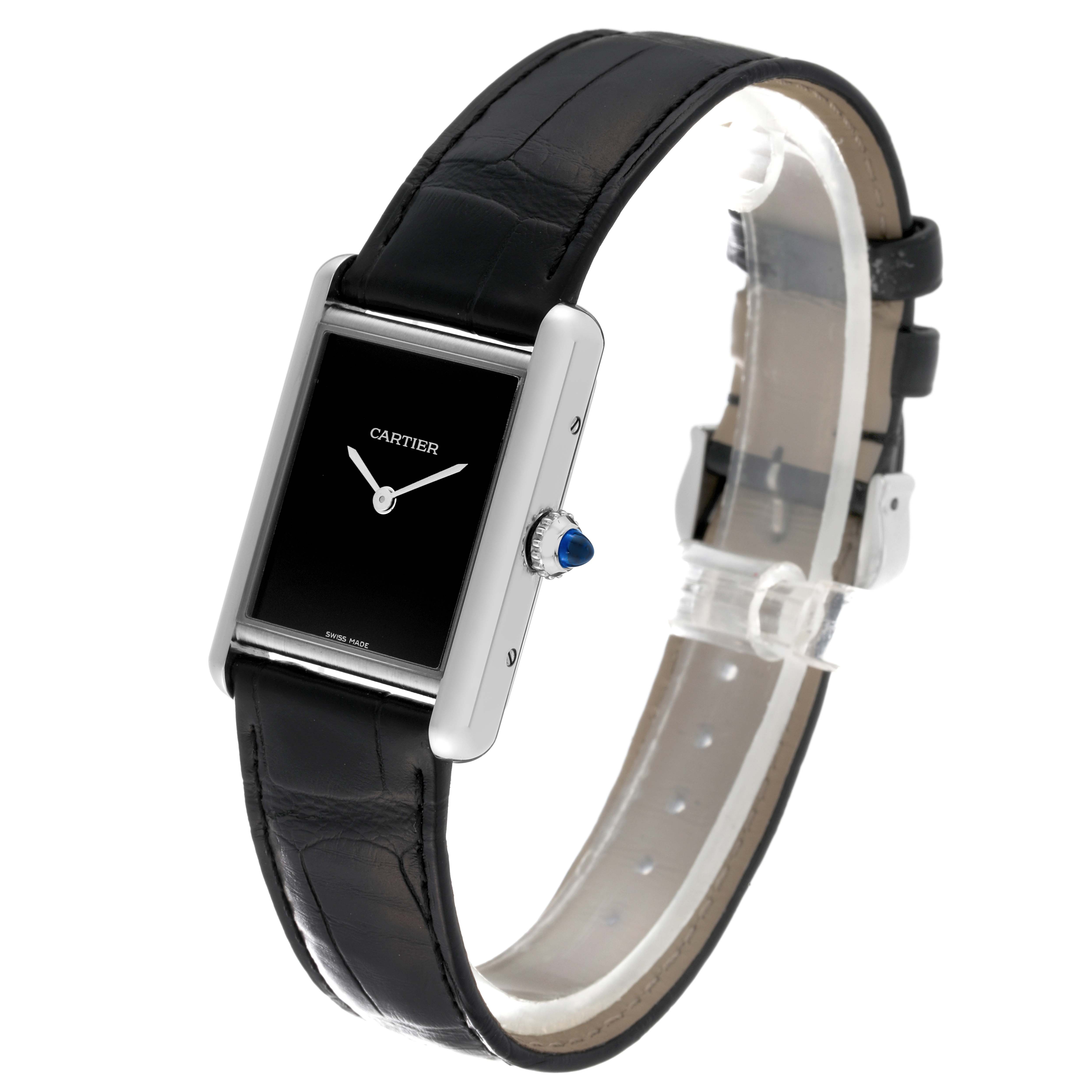 The Cartier Tank Must WSTA0072 Women
s Stainless Steel Black Dial WSTA0072 Women
s Stainless Steel Black Dial watch is shown at a slight angle, highlighting the black strap, face, and side crown.
