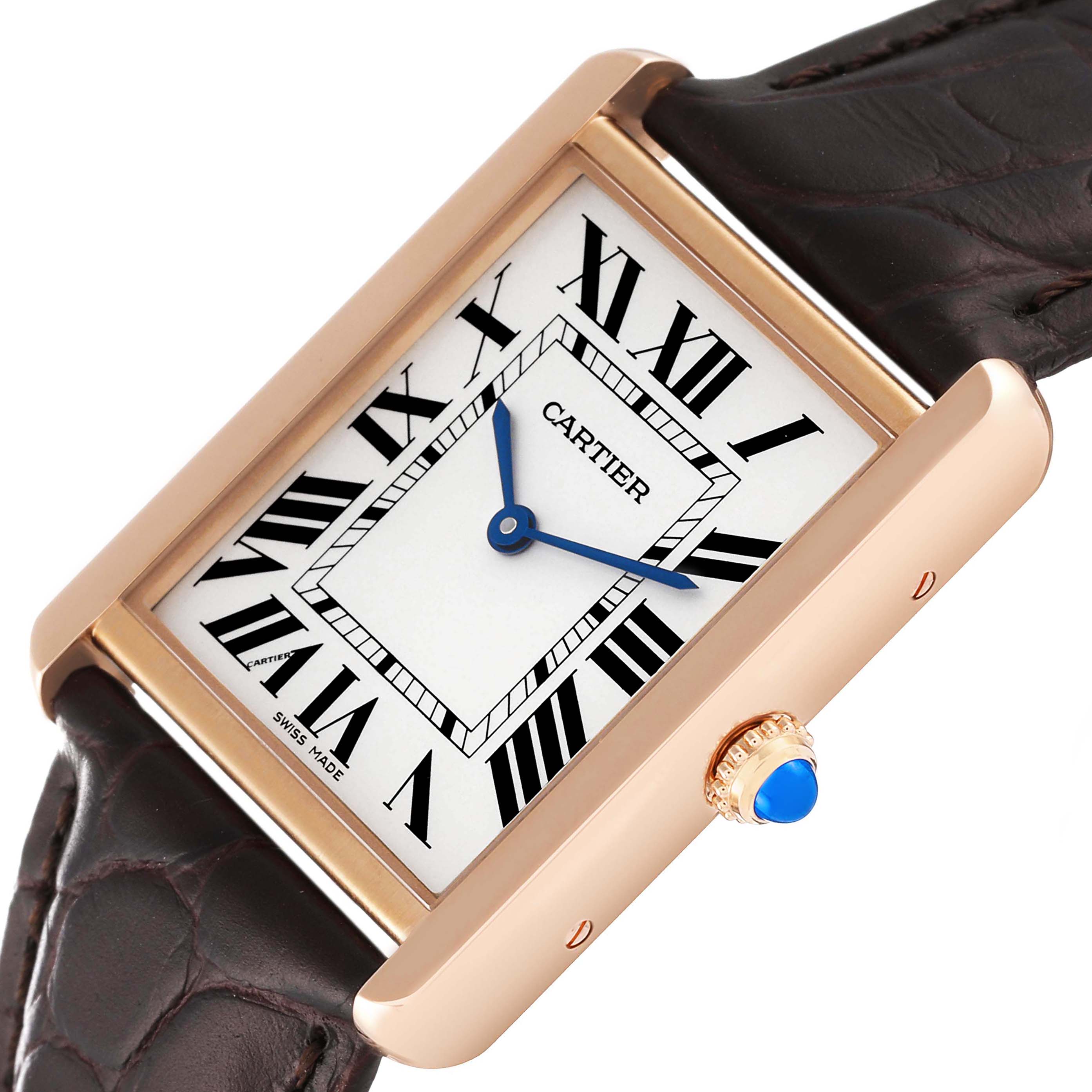 The image shows a close-up, angled view of the Cartier Tank Solo W5200025 Men's Rose Gold Silver Dial W5200025 Men's Rose Gold Silver Dial watch face, crown, and part of the strap.