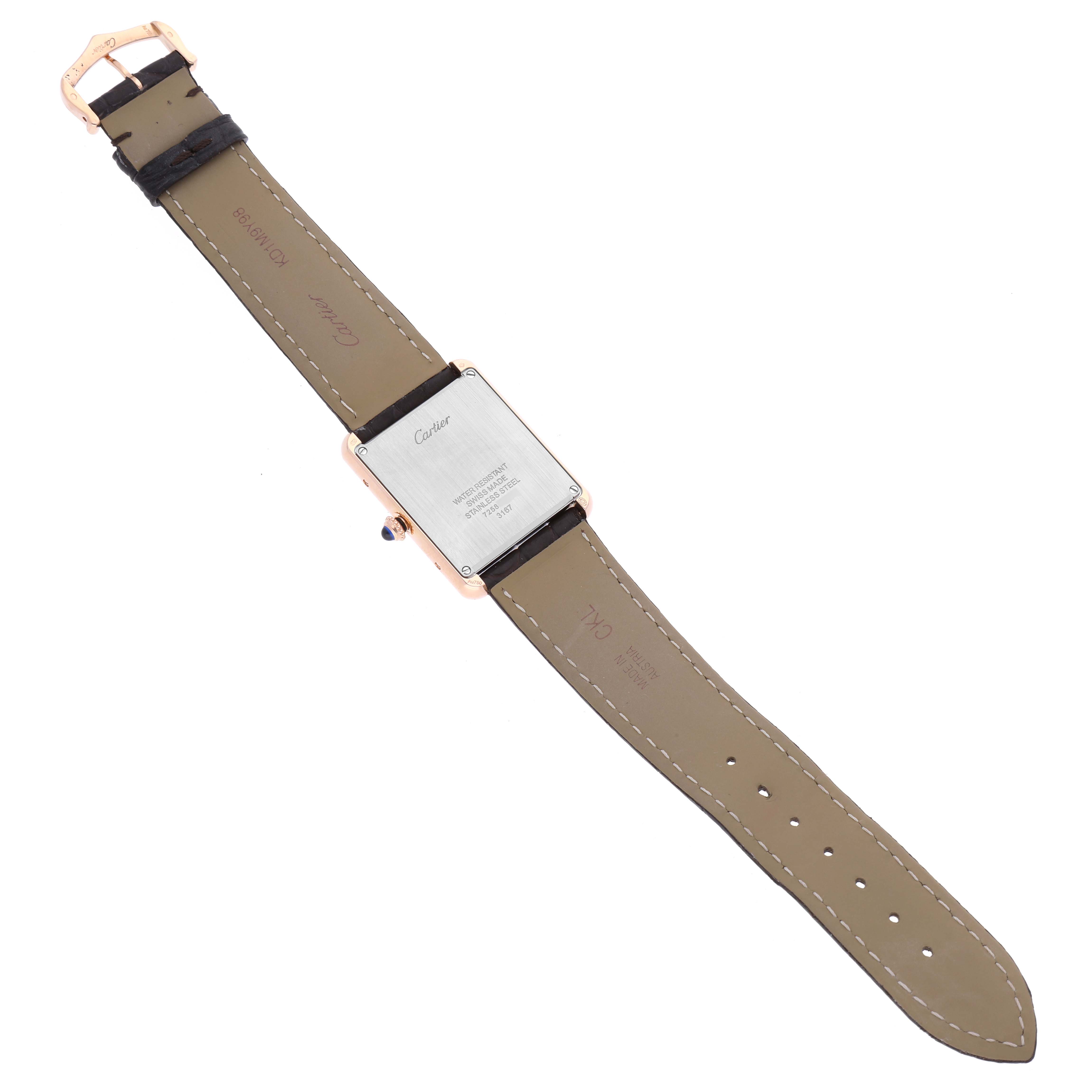 The Cartier Tank Solo W5200025 Men's Rose Gold Silver Dial W5200025 Men's Rose Gold Silver Dial watch is shown from the back, displaying its leather strap and case back.