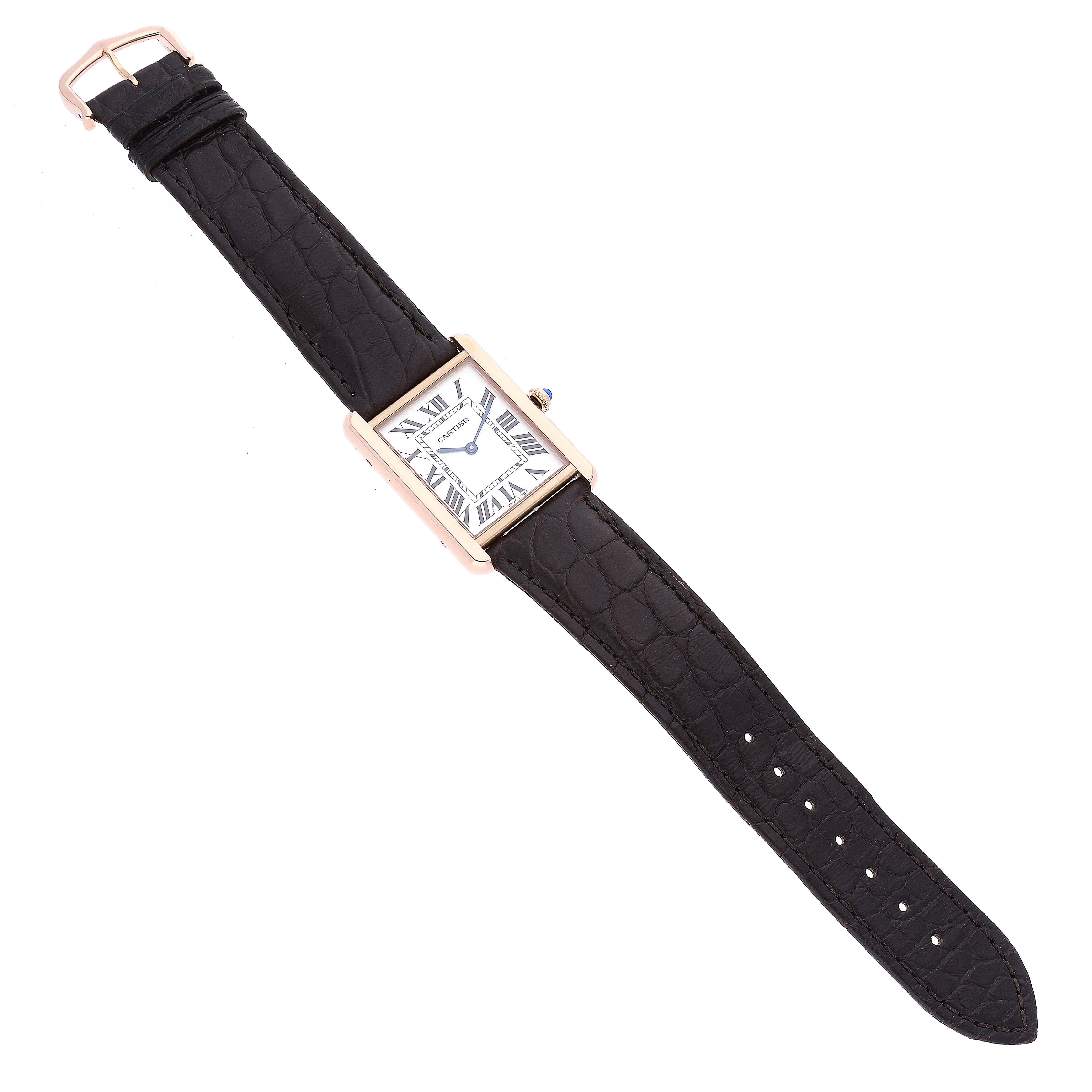 This image shows a Cartier Tank Solo W5200025 Men's Rose Gold Silver Dial W5200025 Men's Rose Gold Silver Dial watch, featuring a rectangular face and black leather strap, viewed from above.