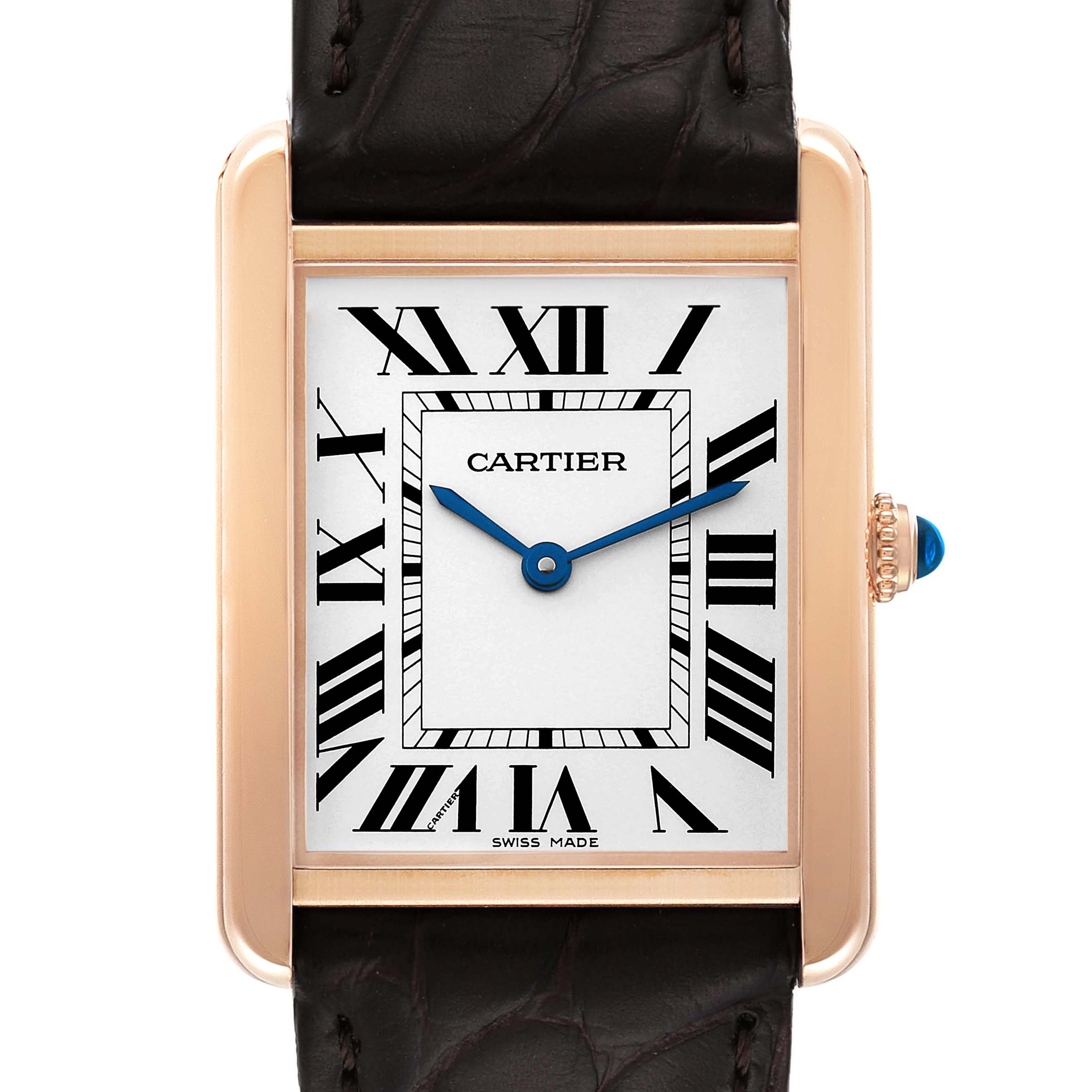 The image shows a front view of the Cartier Tank Solo W5200025 Men's Rose Gold Silver Dial W5200025 Men's Rose Gold Silver Dial watch, displaying the face, Roman numerals, hands, crown, and part of the strap.