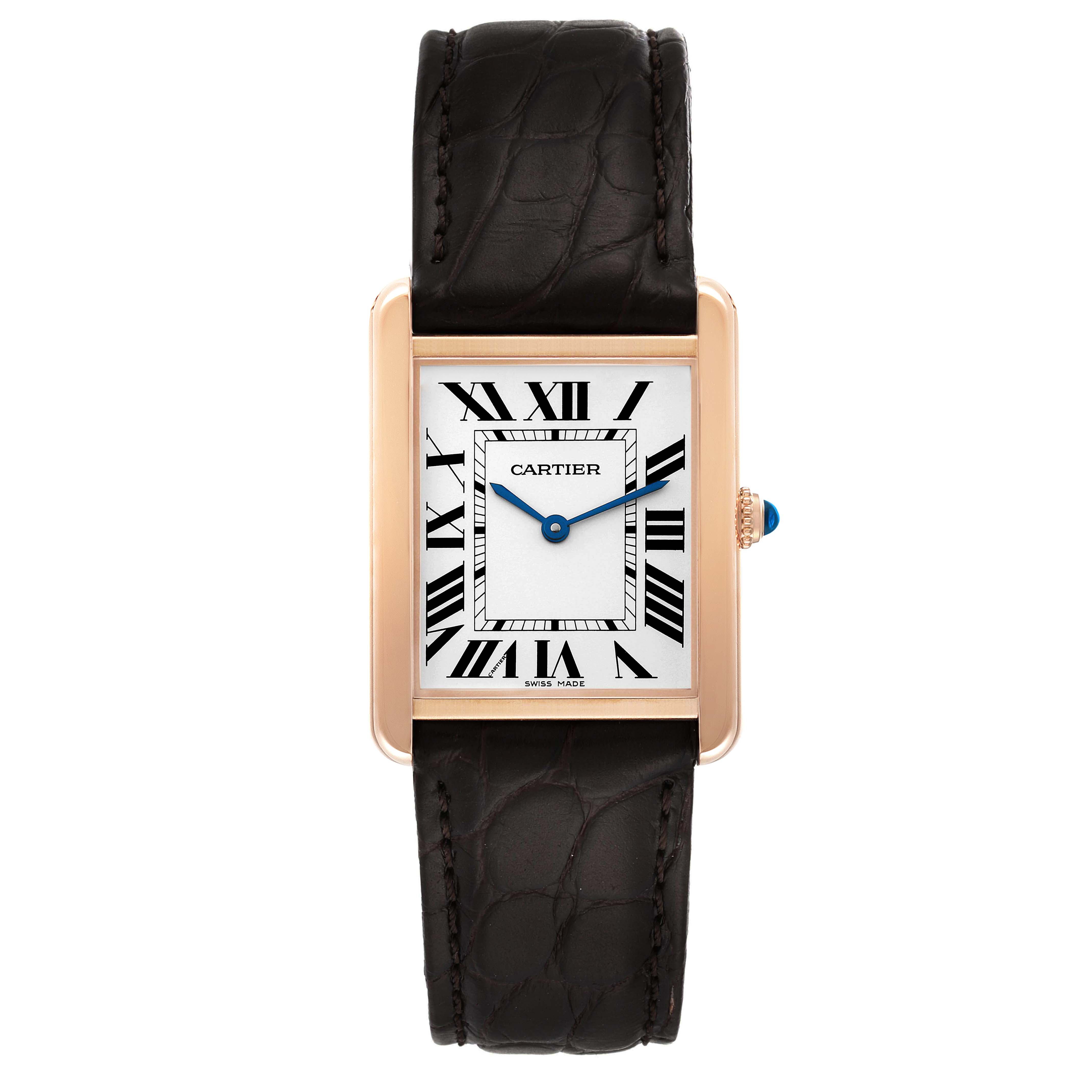 The image shows a Cartier Tank Solo W5200025 Men's Rose Gold Silver Dial W5200025 Men's Rose Gold Silver Dial watch from the front, highlighting its rectangular face, Roman numerals, and leather strap.
