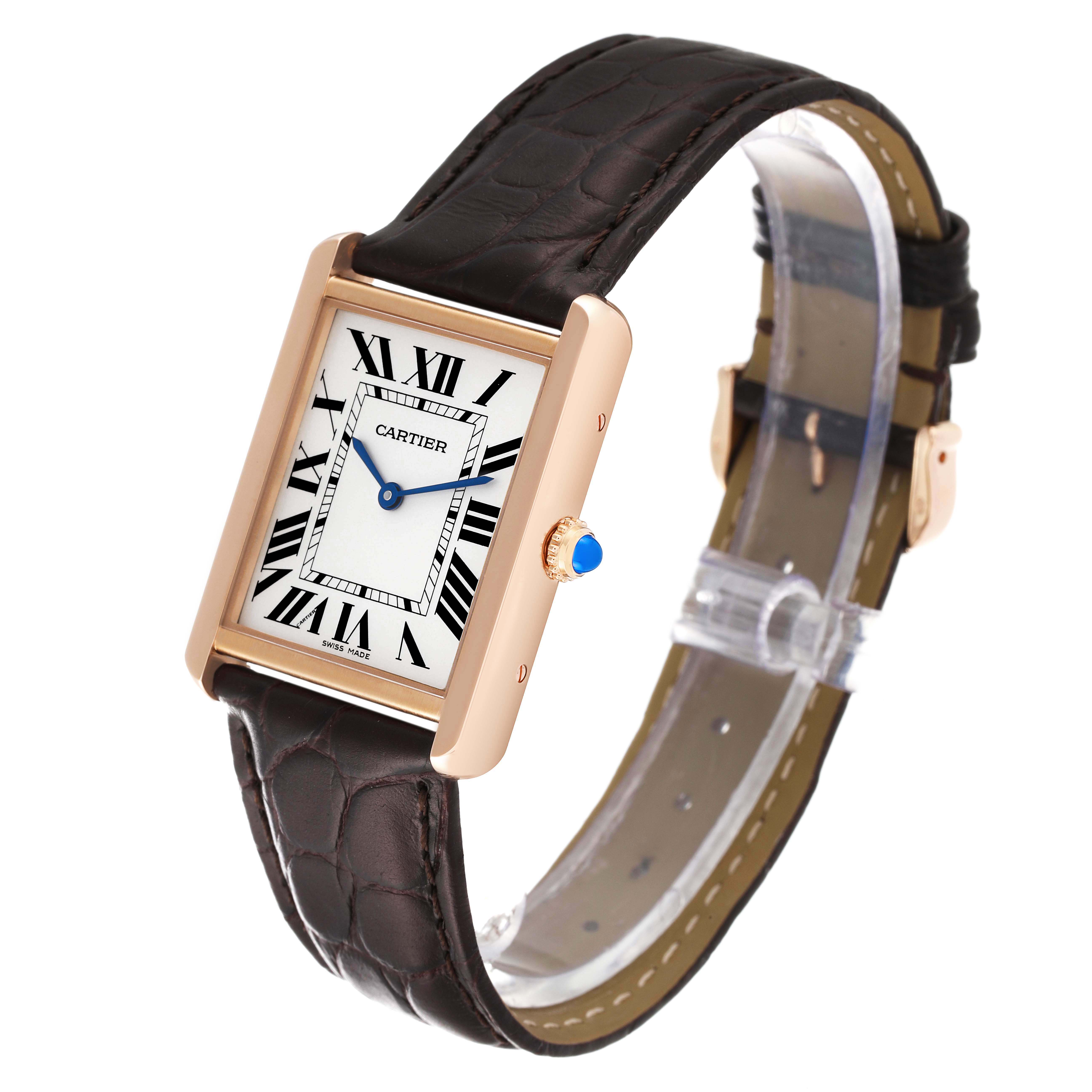The Cartier Tank Solo W5200025 Men's Rose Gold Silver Dial W5200025 Men's Rose Gold Silver Dial watch is shown at an oblique angle, highlighting the rectangular face, brown strap, and crown detail.