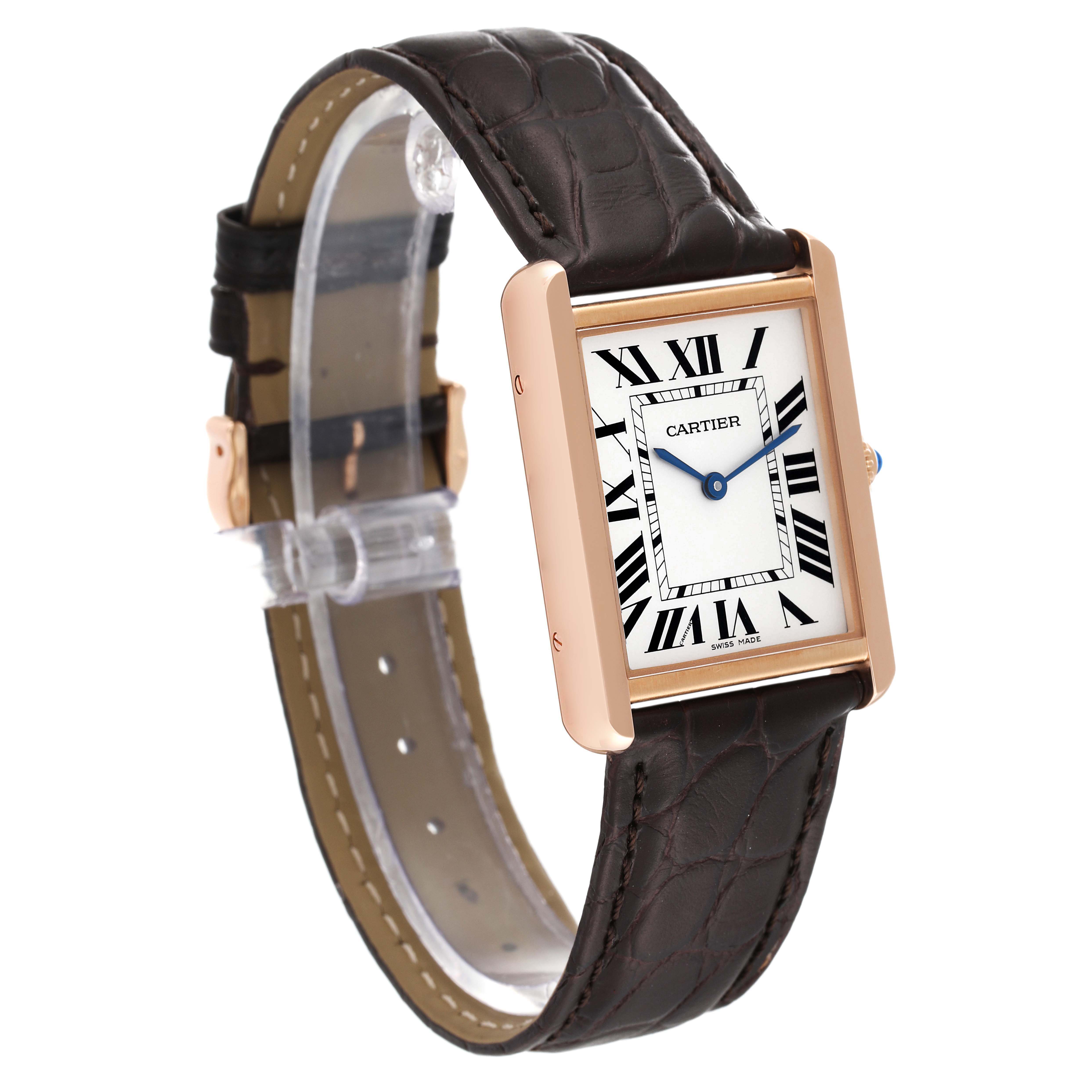 The image shows a Cartier Tank Solo W5200025 Men's Rose Gold Silver Dial W5200025 Men's Rose Gold Silver Dial watch at a slight angle displaying the face, case, and part of the strap.