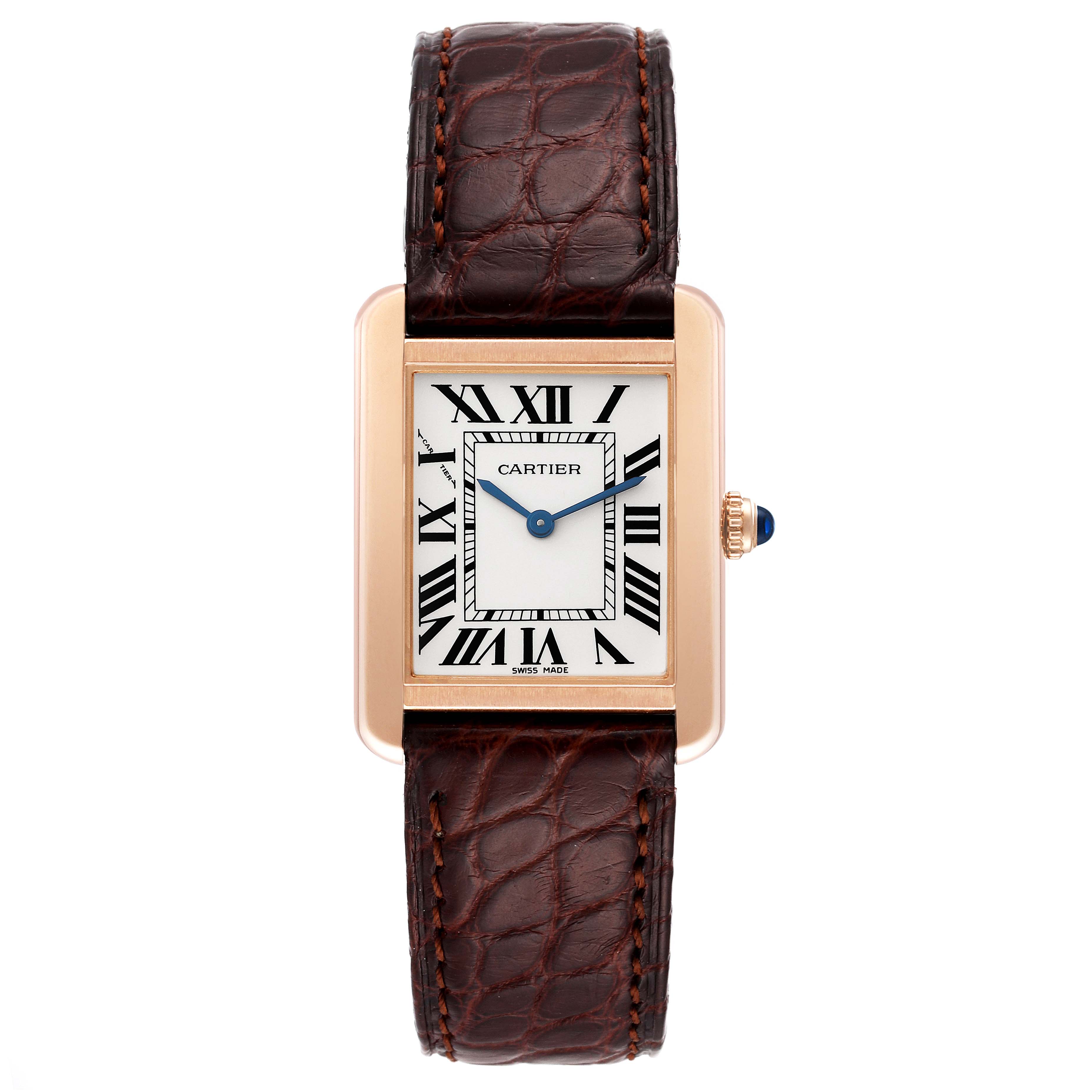 The Cartier Tank Solo W5200024 Women's Rose Gold Silver Dial W5200024 Women's Rose Gold Silver Dial watch is shown from a top-down angle, displaying its face, hands, case, and leather strap.