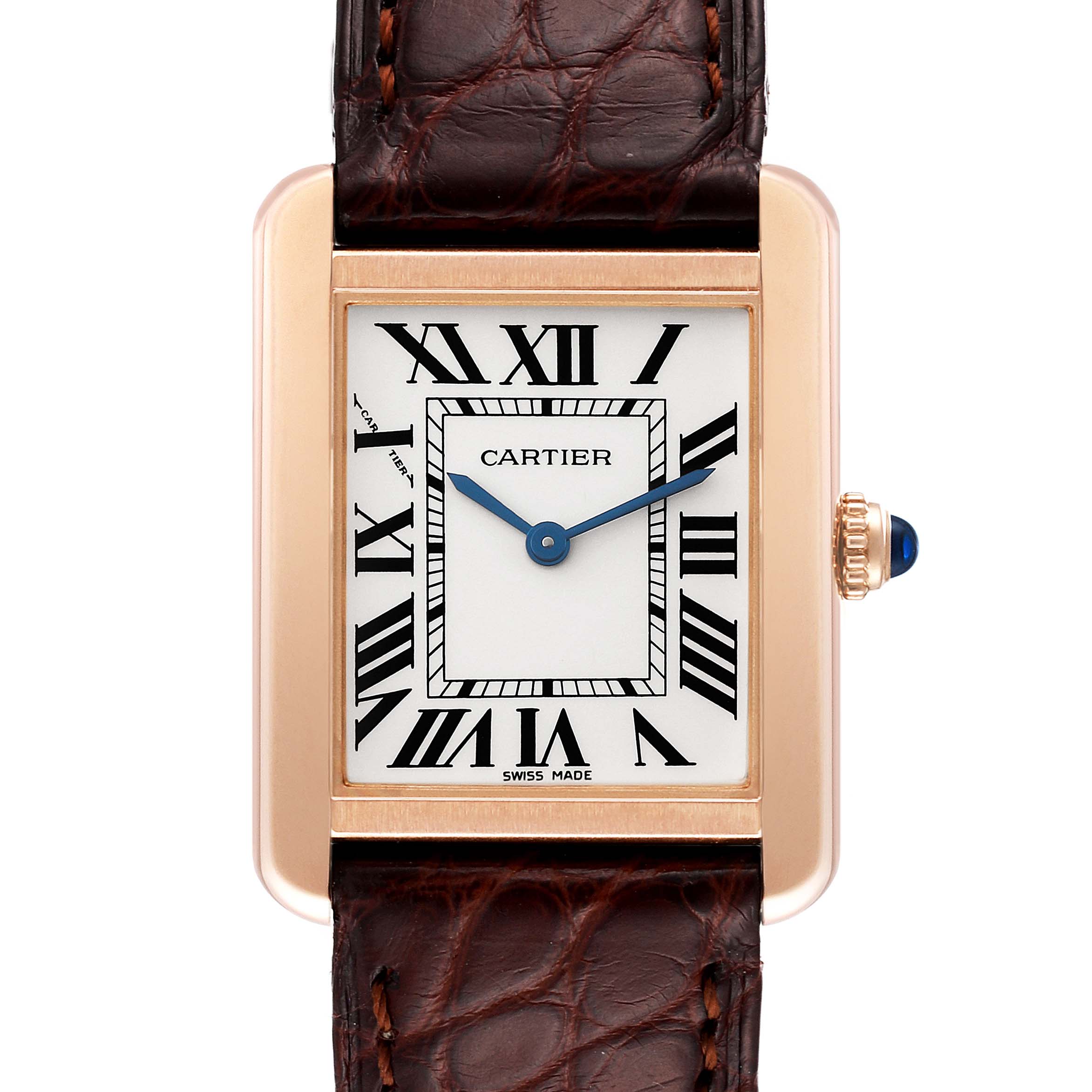 This image shows a frontal view of the Cartier Tank Solo W5200024 Women's Rose Gold Silver Dial W5200024 Women's Rose Gold Silver Dial watch, focusing on the dial, crown, and leather strap.