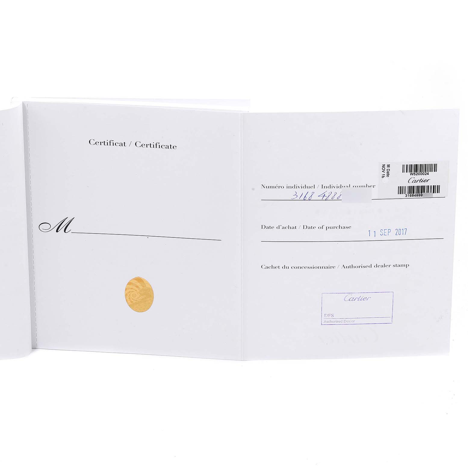 This image shows the certificate or documentation booklet for the Cartier Tank Solo W5200024 Women's Rose Gold Silver Dial W5200024 Women's Rose Gold Silver Dial watch model, opened to display the interior pages.