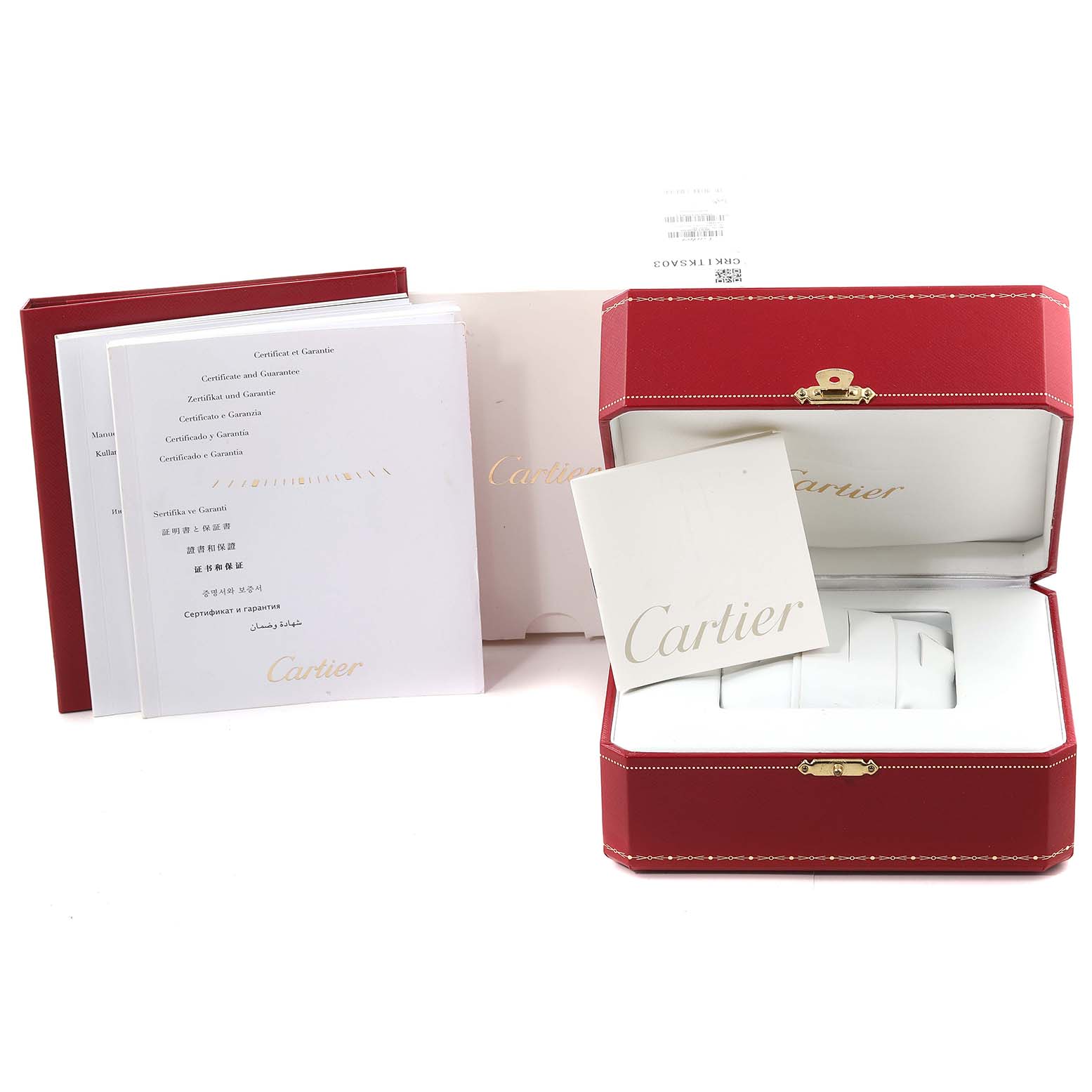 The image shows the packaging, manuals, and certificates that come with a Cartier Tank Solo W5200024 Women's Rose Gold Silver Dial W5200024 Women's Rose Gold Silver Dial watch but not the watch itself.