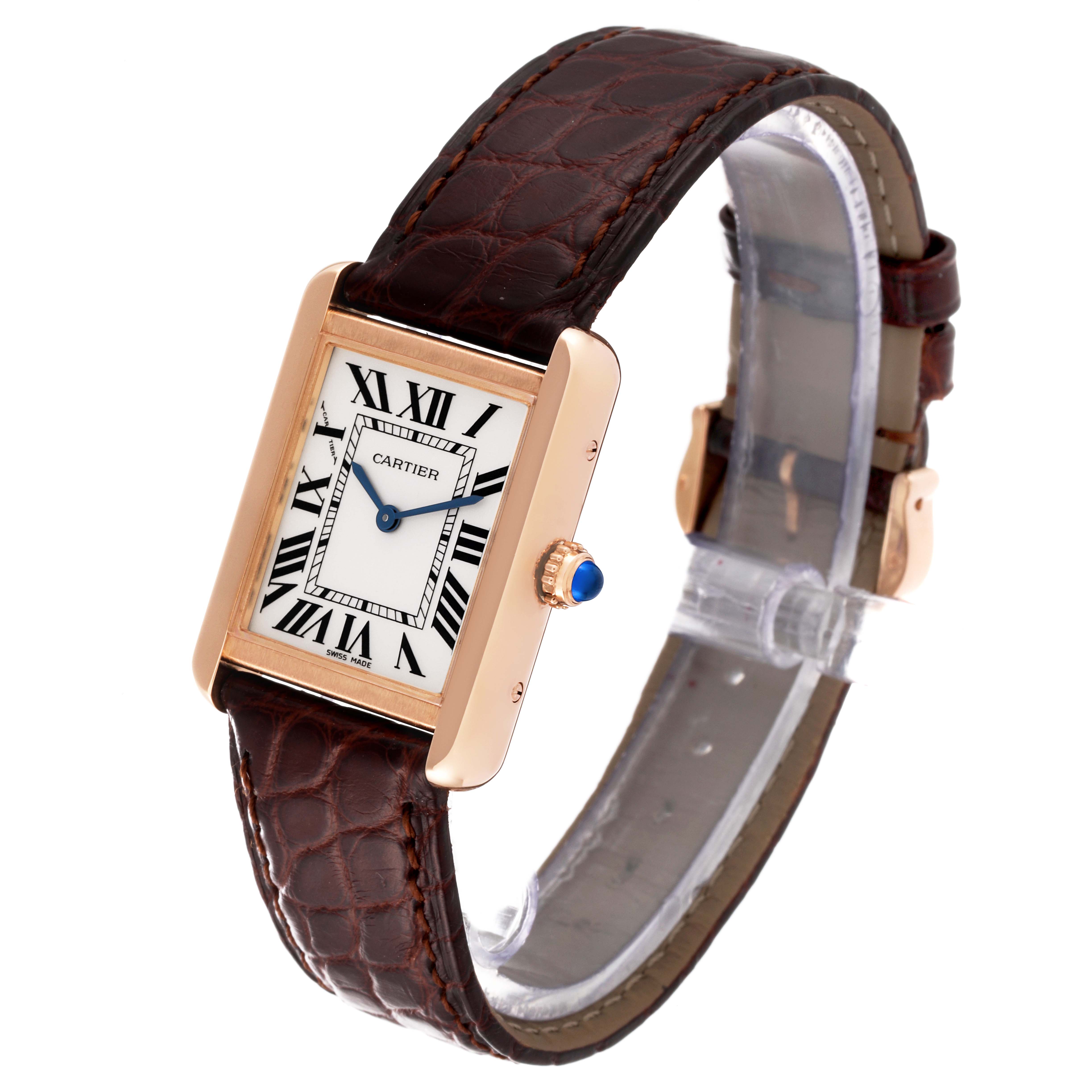 The Cartier Tank Solo W5200024 Women's Rose Gold Silver Dial W5200024 Women's Rose Gold Silver Dial watch is shown at a three-quarter angle, highlighting its rectangular face, Roman numerals, and brown leather strap.