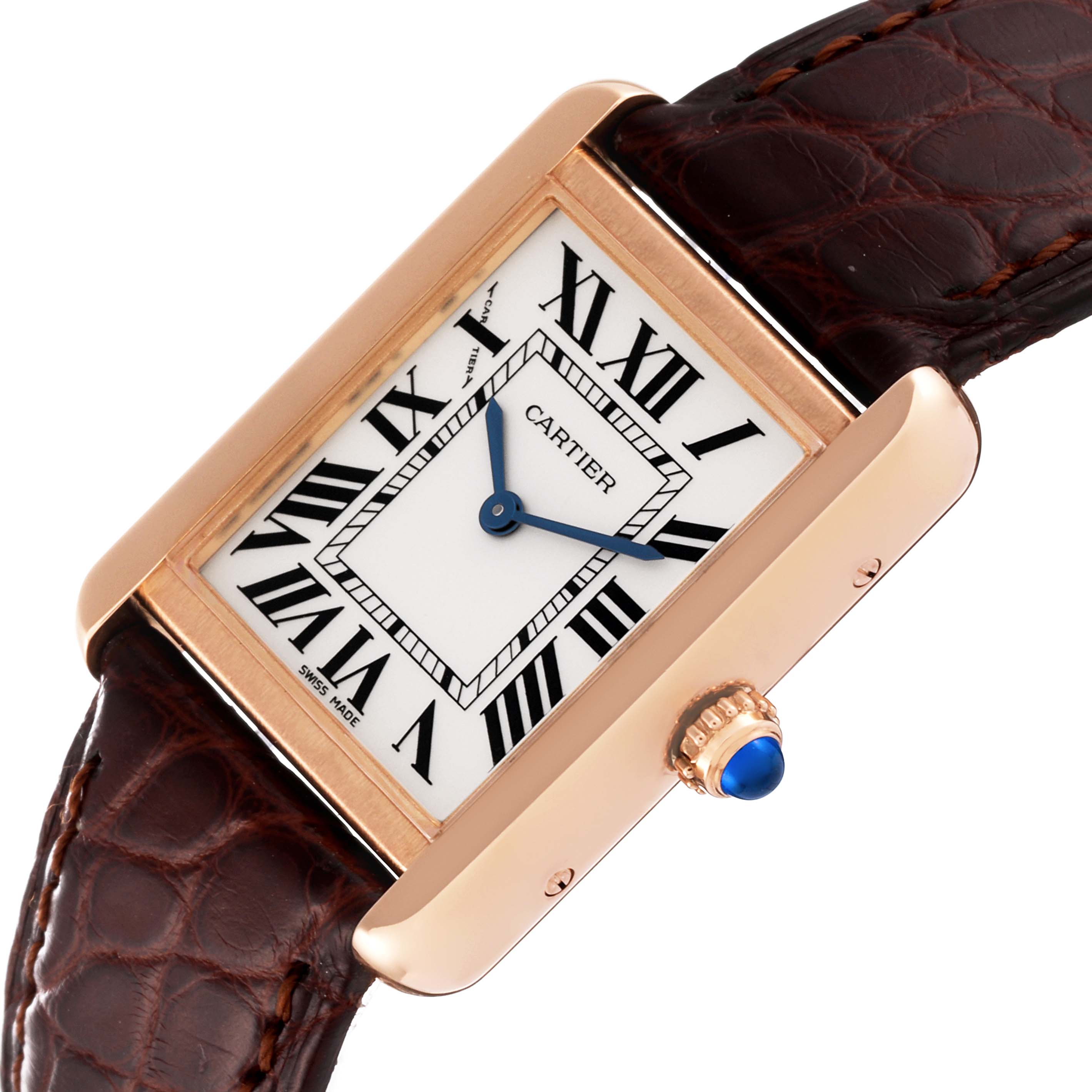 The Cartier Tank Solo W5200024 Women's Rose Gold Silver Dial W5200024 Women's Rose Gold Silver Dial watch is shown from a top angle, featuring its rectangular face, roman numeral dial, and leather strap.