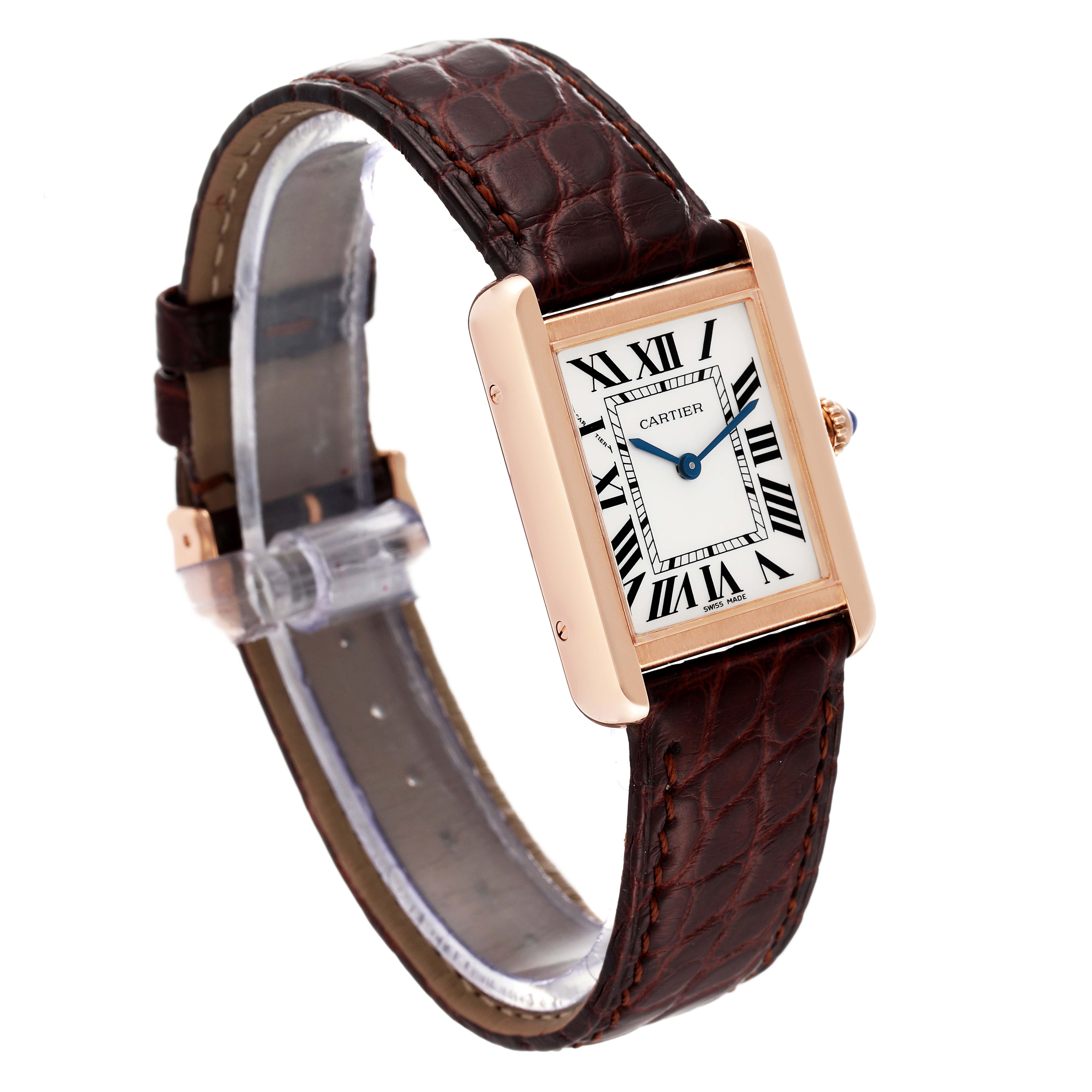 The Cartier Tank Solo W5200024 Women's Rose Gold Silver Dial W5200024 Women's Rose Gold Silver Dial watch is shown at a three-quarter angle, displaying its rectangular face and leather strap.