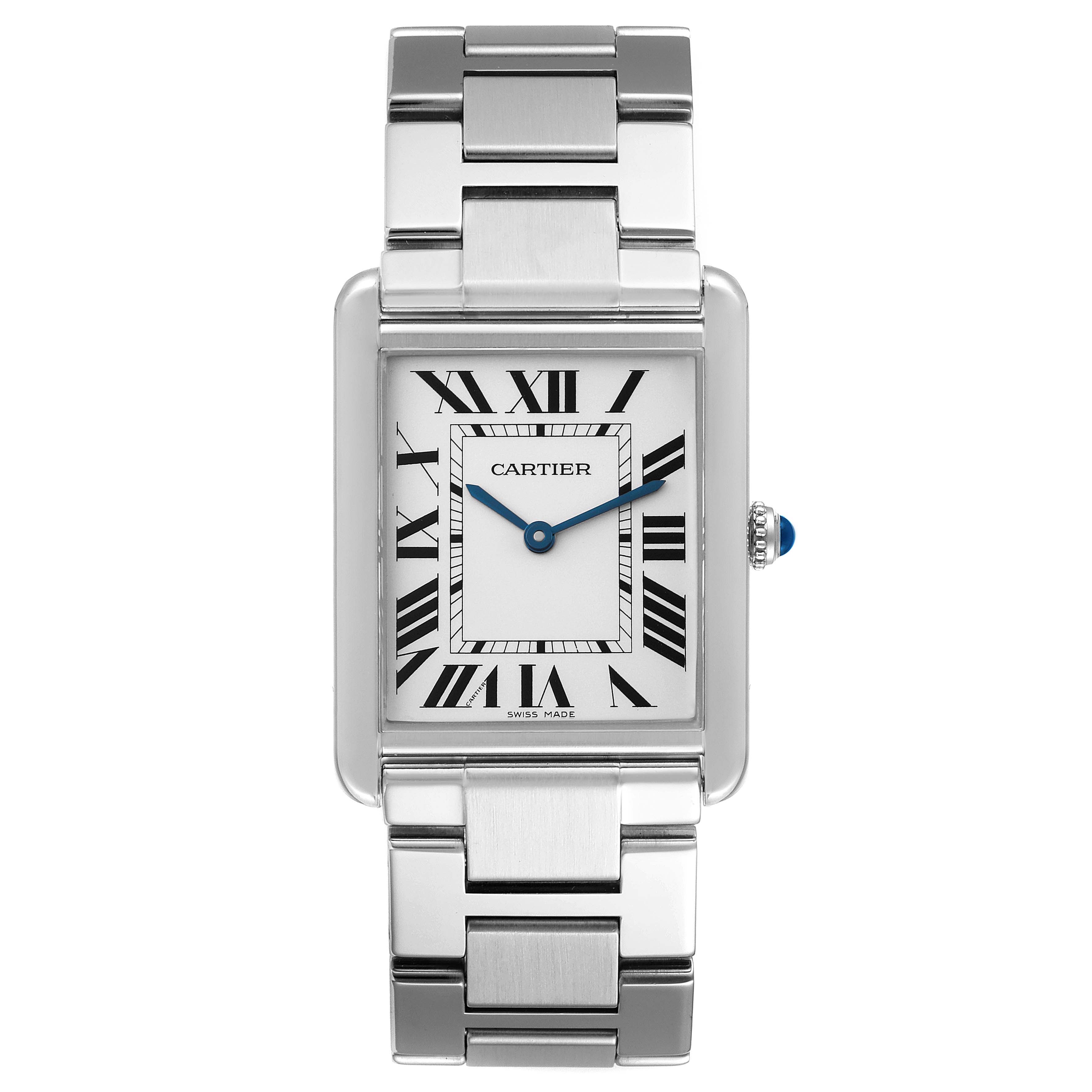 The image shows a front view of a Cartier Tank Solo W5200014 Men
s Stainless Steel Silver Dial W5200014 Men
s Stainless Steel Silver Dial watch with a metal bracelet and Roman numeral dial.