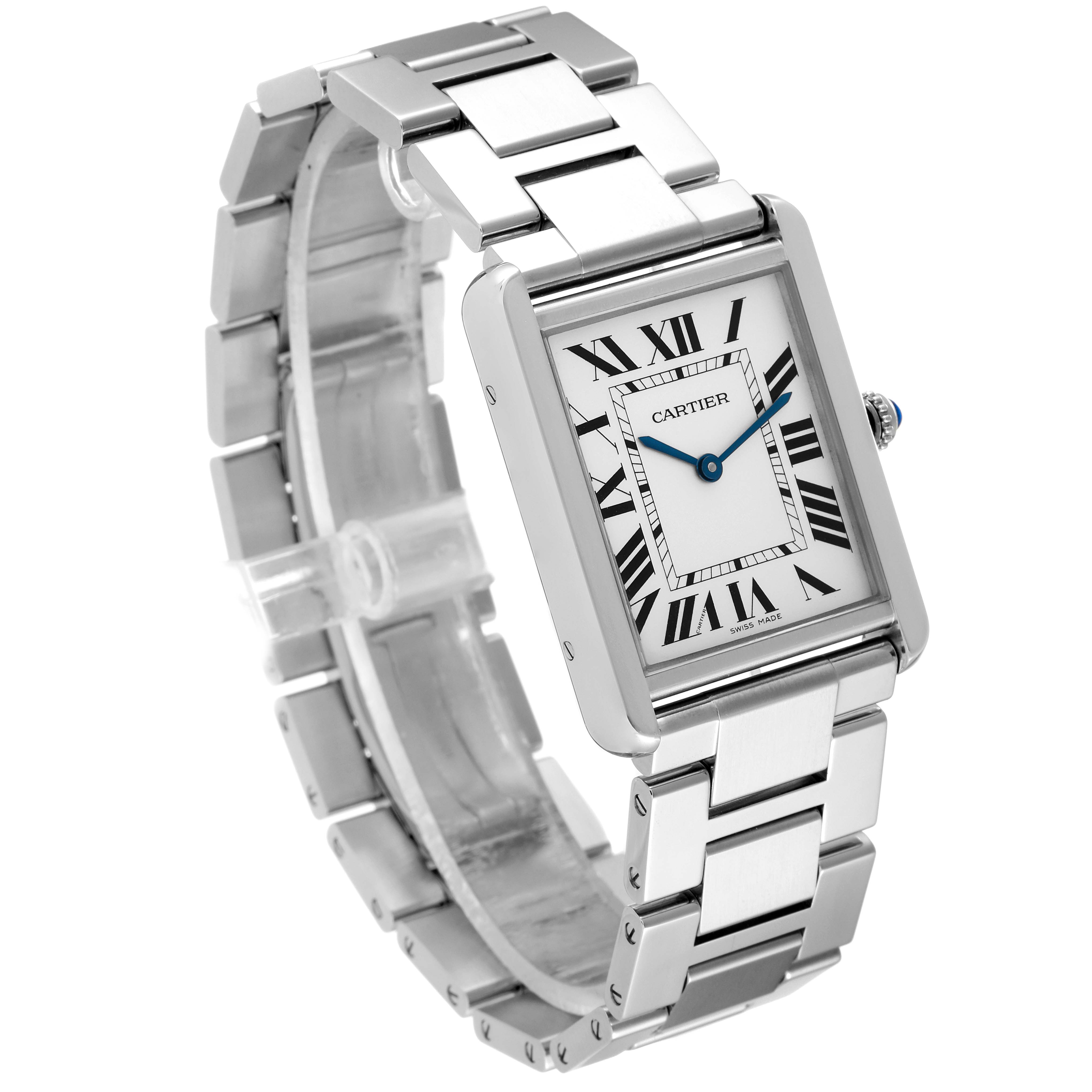 The Cartier Tank Solo W5200014 Men
s Stainless Steel Silver Dial W5200014 Men
s Stainless Steel Silver Dial watch is shown at an angled view displaying its rectangular face, metal bracelet, and Roman numeral dial.