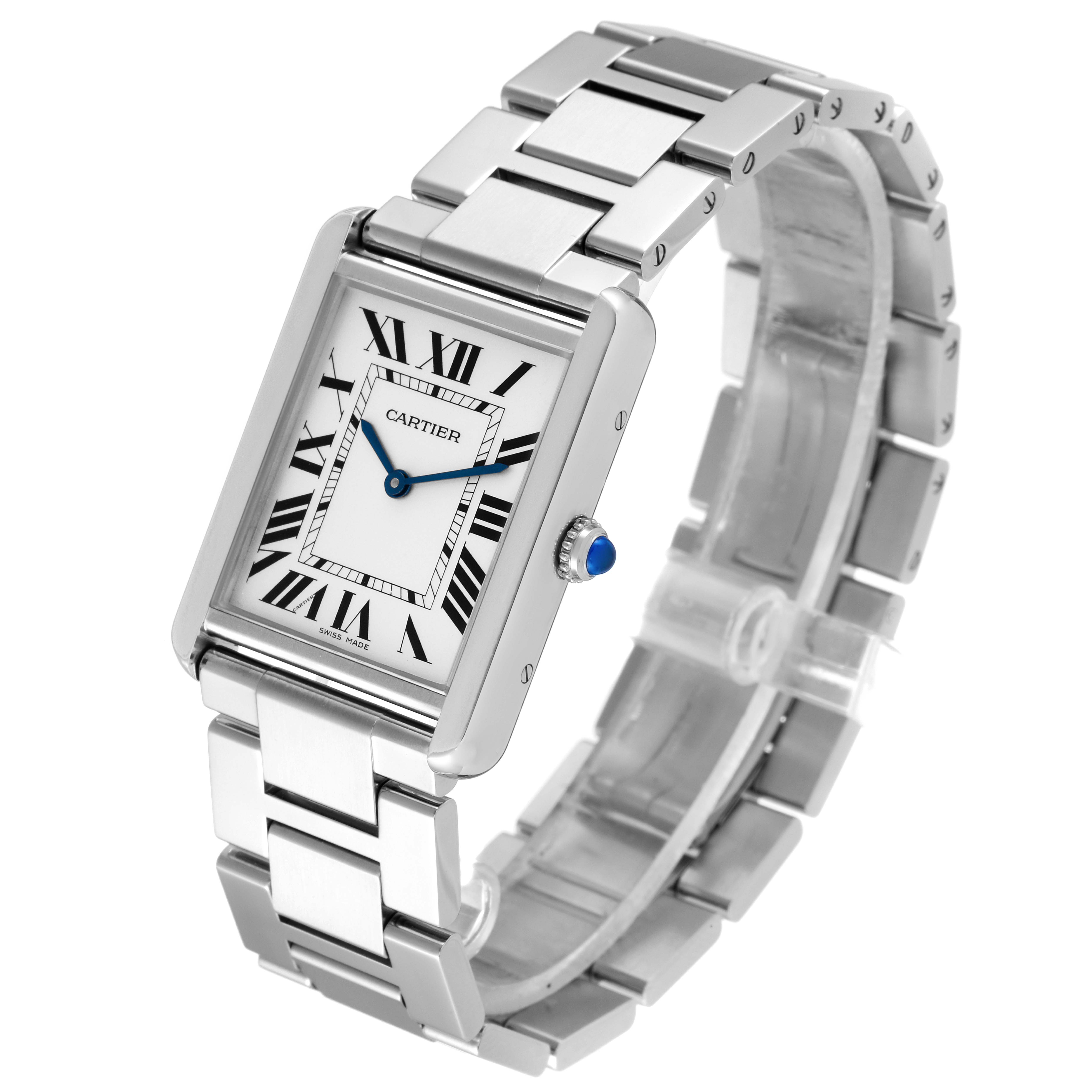 The Cartier Tank Solo W5200014 Men
s Stainless Steel Silver Dial W5200014 Men
s Stainless Steel Silver Dial watch is shown at an angled view, highlighting its face, Roman numeral markers, and metal bracelet.