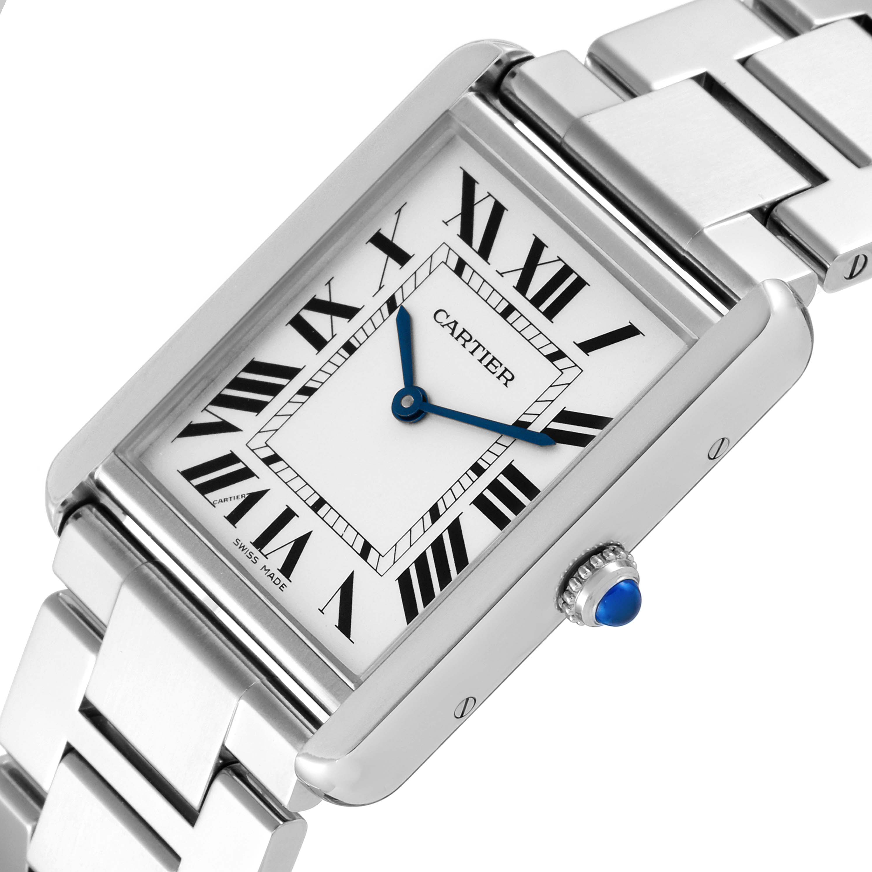 The image shows a close-up of the dial, bezel, and part of the bracelet of a Cartier Tank Solo W5200014 Men
s Stainless Steel Silver Dial W5200014 Men
s Stainless Steel Silver Dial watch.