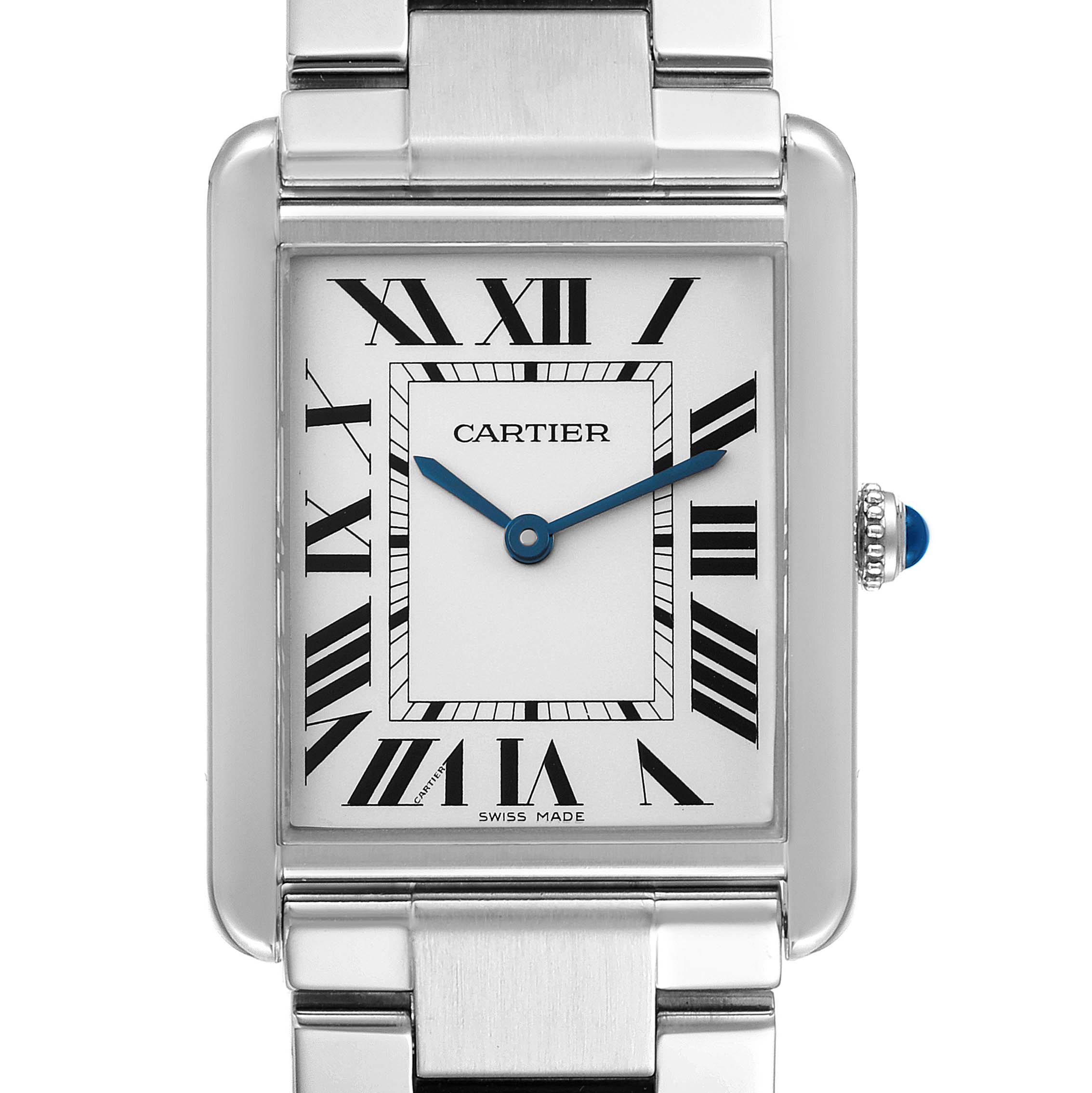 This image shows a frontal view of a Cartier Tank Solo W5200014 Men
s Stainless Steel Silver Dial W5200014 Men
s Stainless Steel Silver Dial watch, displaying the face, bezel, and part of the metal band.
