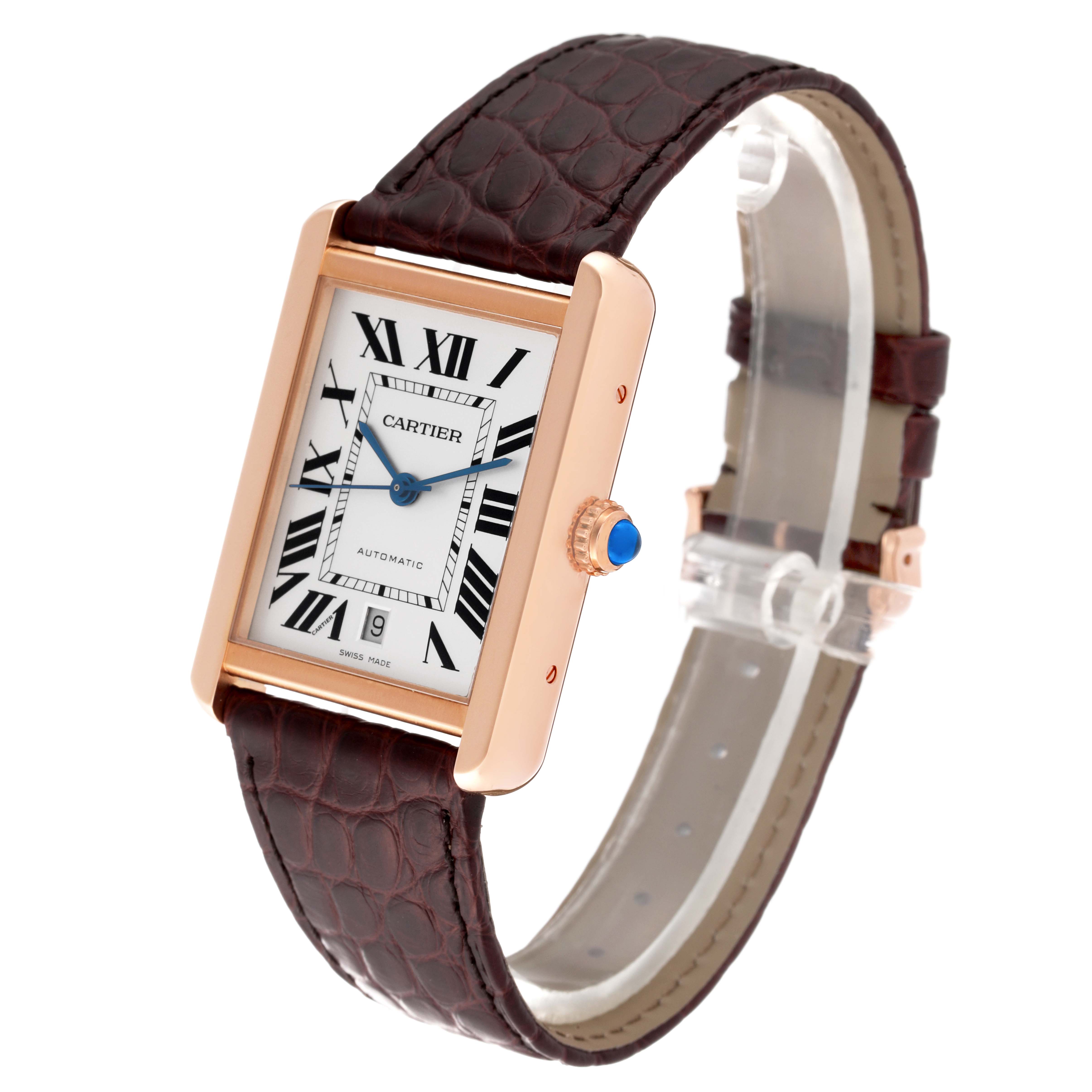 The Cartier Tank Solo W5200026 Men
s Steel and Gold (two tone) Silver Dial W5200026 Men
s Steel and Gold (two tone) Silver Dial watch is shown at a slight angle revealing its face, strap, crown, and clasp.