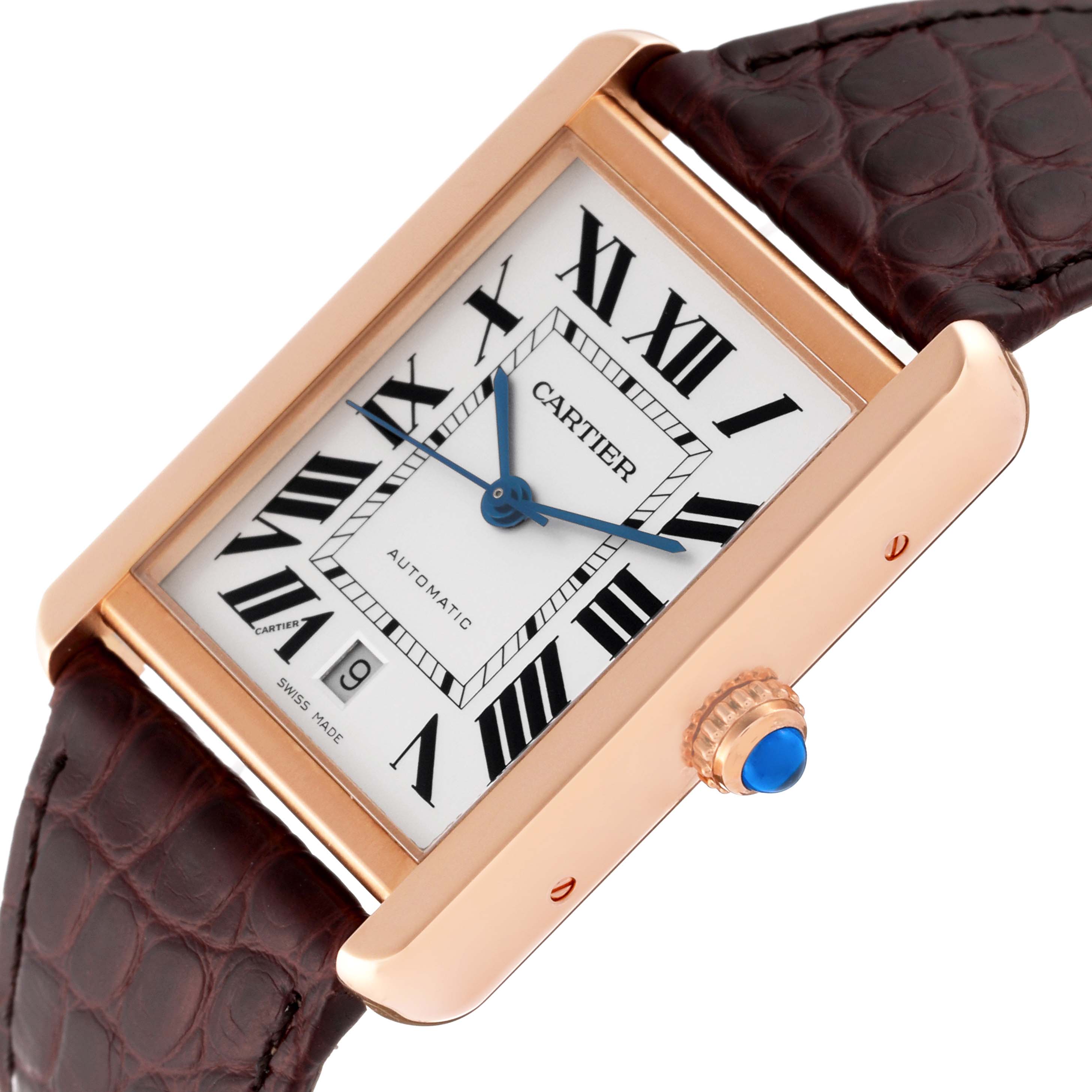 This image shows a Cartier Tank Solo W5200026 Men
s Steel and Gold (two tone) Silver Dial W5200026 Men
s Steel and Gold (two tone) Silver Dial watch at an angle highlighting its face, crown, and part of the leather strap.