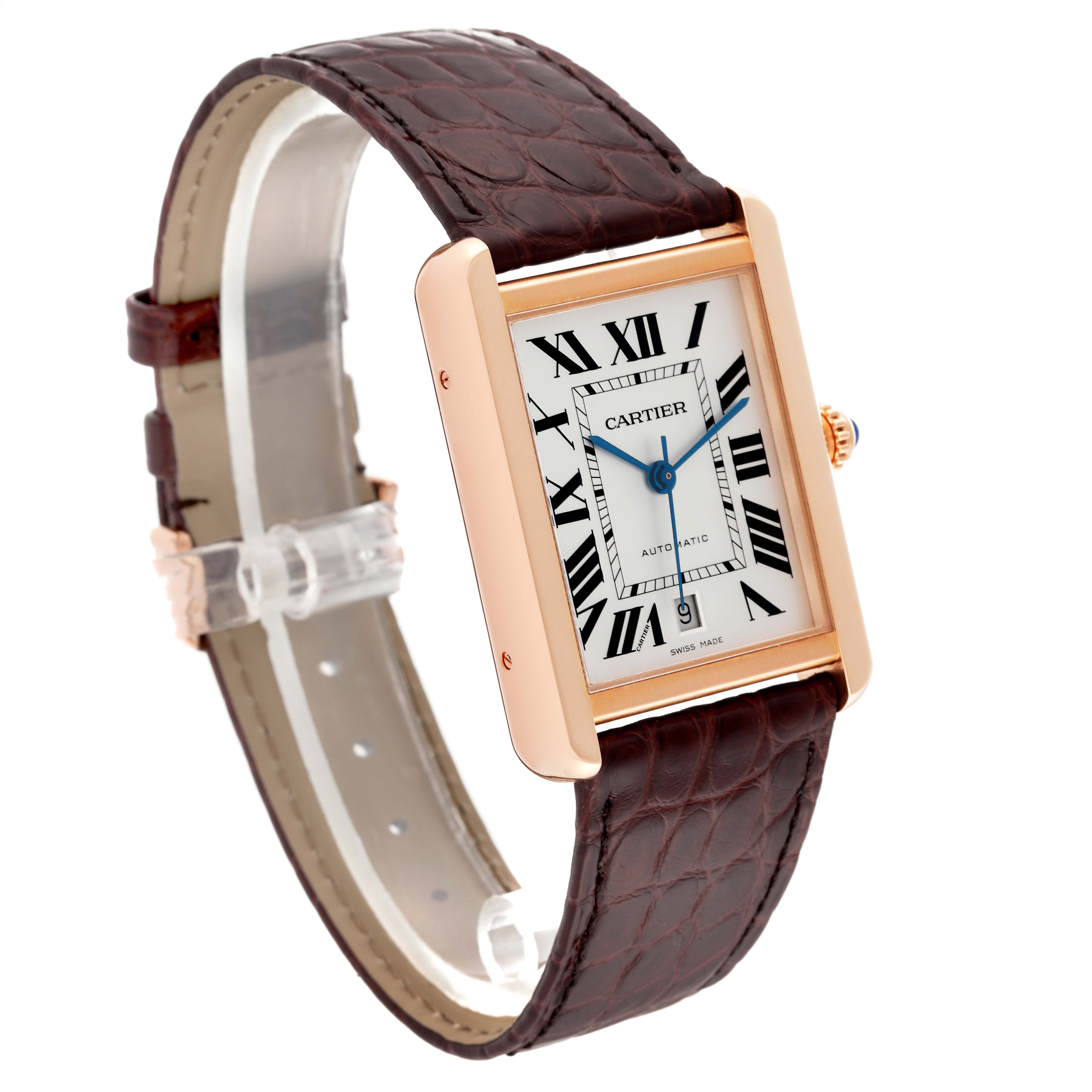 The Cartier Tank Solo W5200026 Men
s Steel and Gold (two tone) Silver Dial W5200026 Men
s Steel and Gold (two tone) Silver Dial watch is shown at a side angle, displaying its rectangular face, leather strap, and crown.