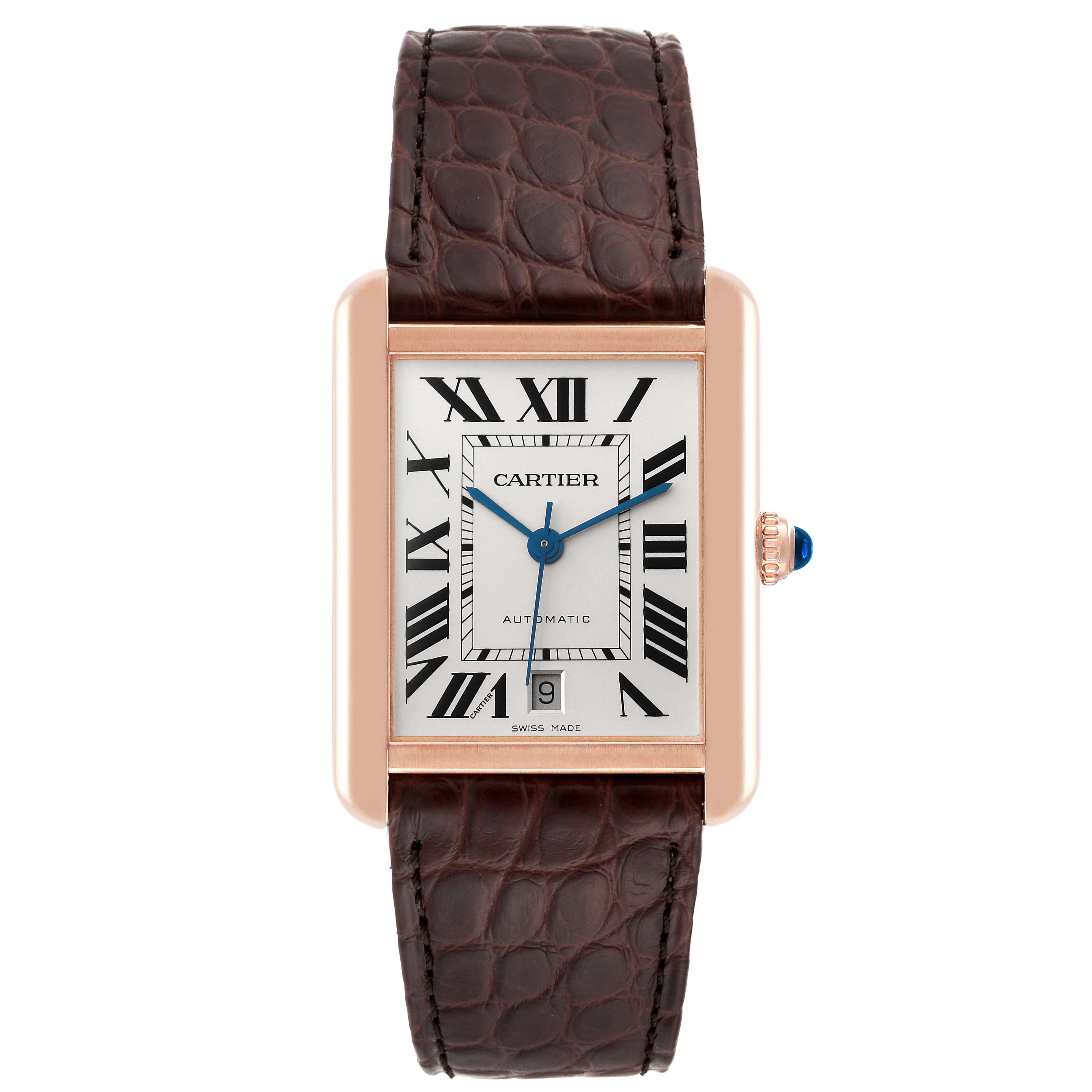 This image shows a straight-on view of the Cartier Tank Solo W5200026 Men
s Steel and Gold (two tone) Silver Dial W5200026 Men
s Steel and Gold (two tone) Silver Dial watch, displaying its rectangular face, Roman numerals, blue hands, and leather strap.