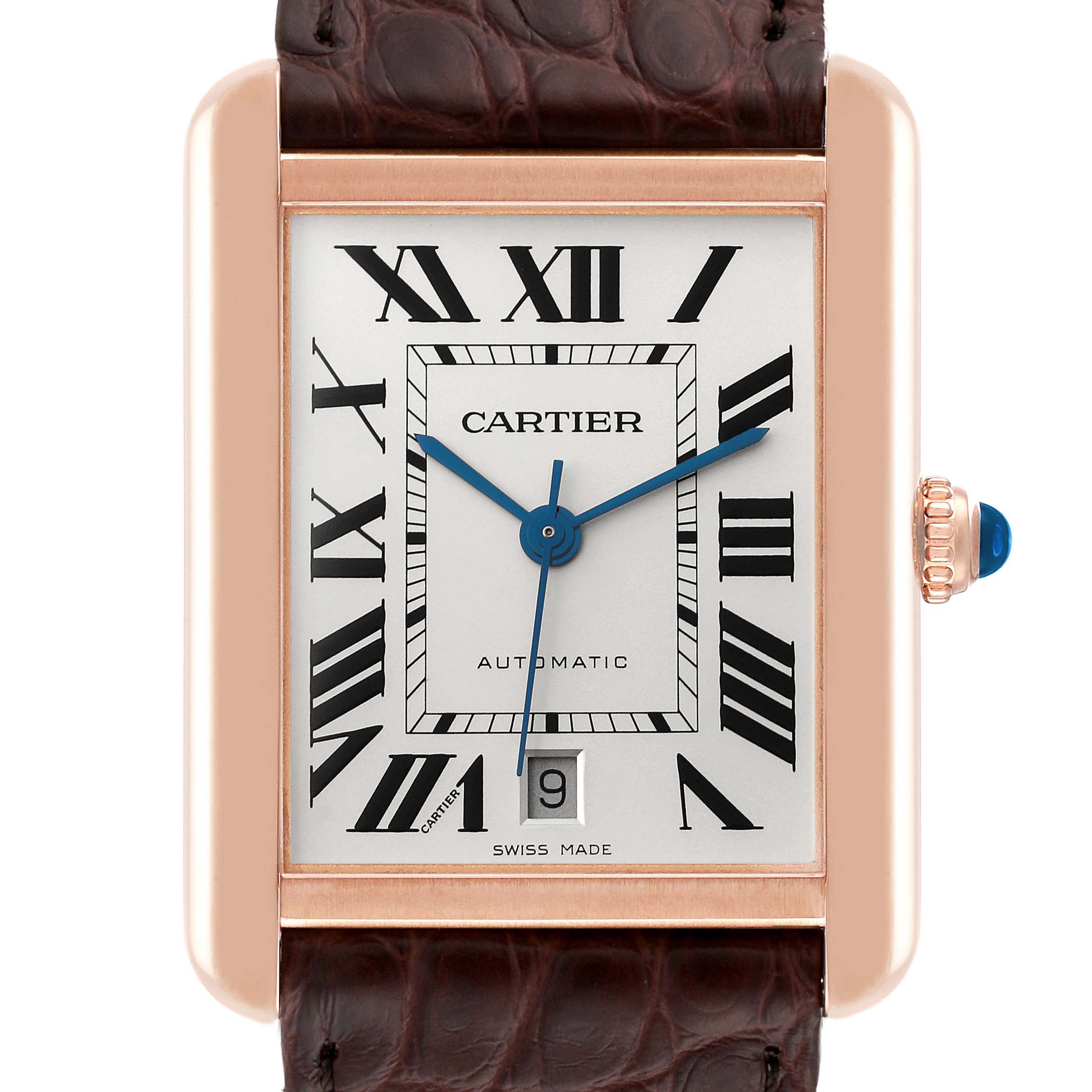 This image shows the face of a Cartier Tank Solo W5200026 Men
s Steel and Gold (two tone) Silver Dial W5200026 Men
s Steel and Gold (two tone) Silver Dial watch, including the dial, hands, crown, and part of the strap.