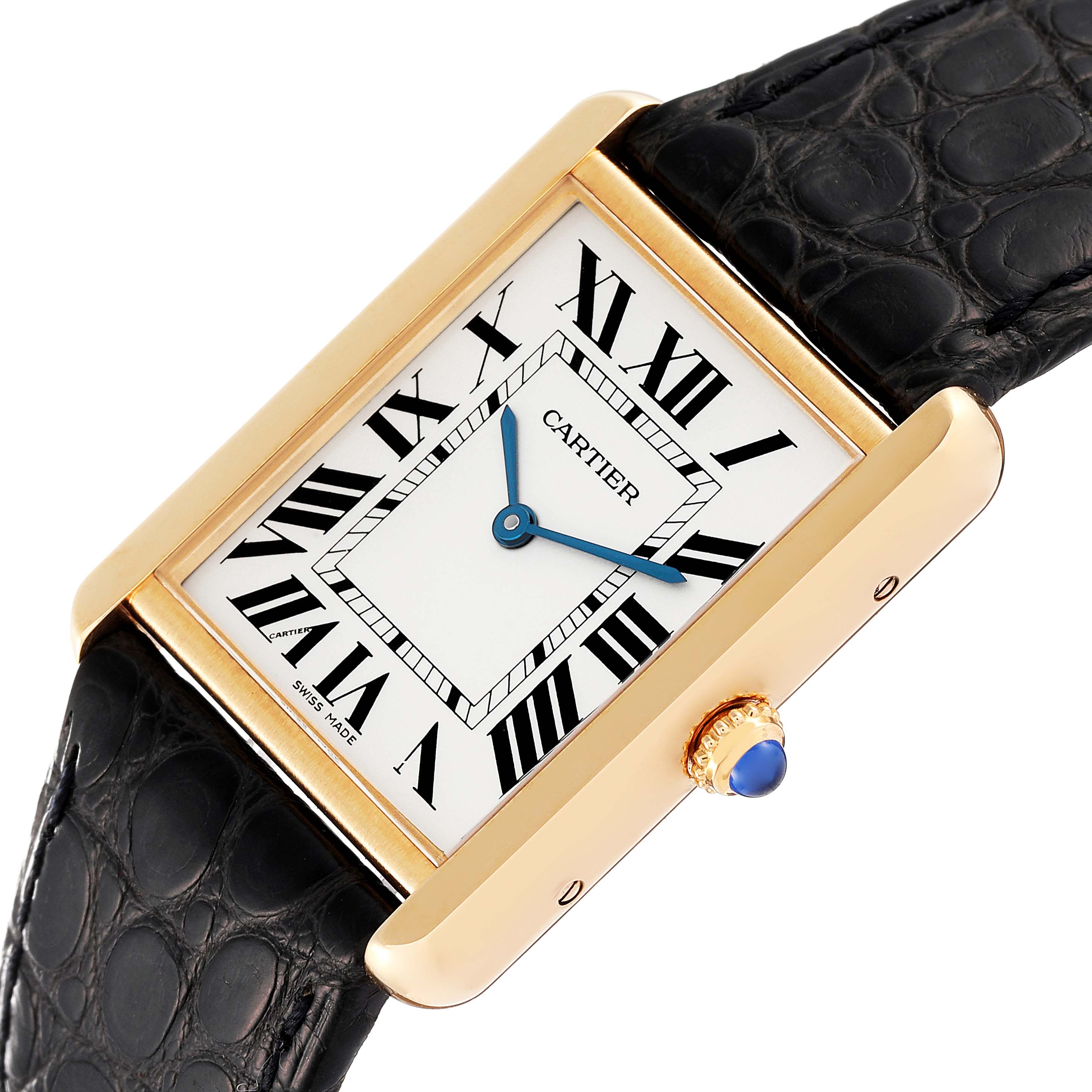 The Cartier Tank Solo W1018855 Men's Yellow Gold Silver Dial W1018855 Men's Yellow Gold Silver Dial watch is shown at an angled view, highlighting its dial, Roman numerals, and black leather strap.