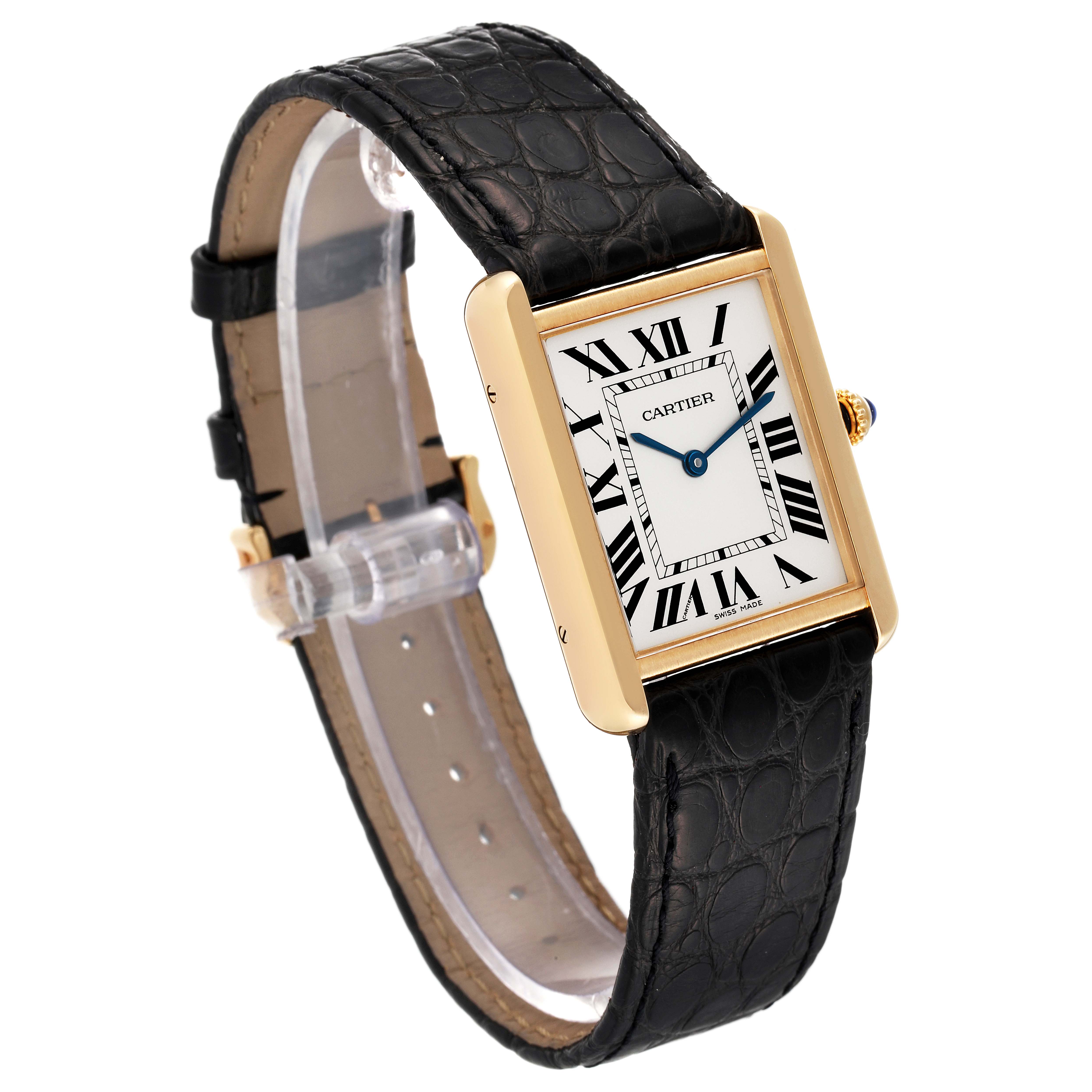 This is a Cartier Tank Solo W1018855 Men's Yellow Gold Silver Dial W1018855 Men's Yellow Gold Silver Dial watch shown at a slight angle, displaying the face, case, and leather strap.