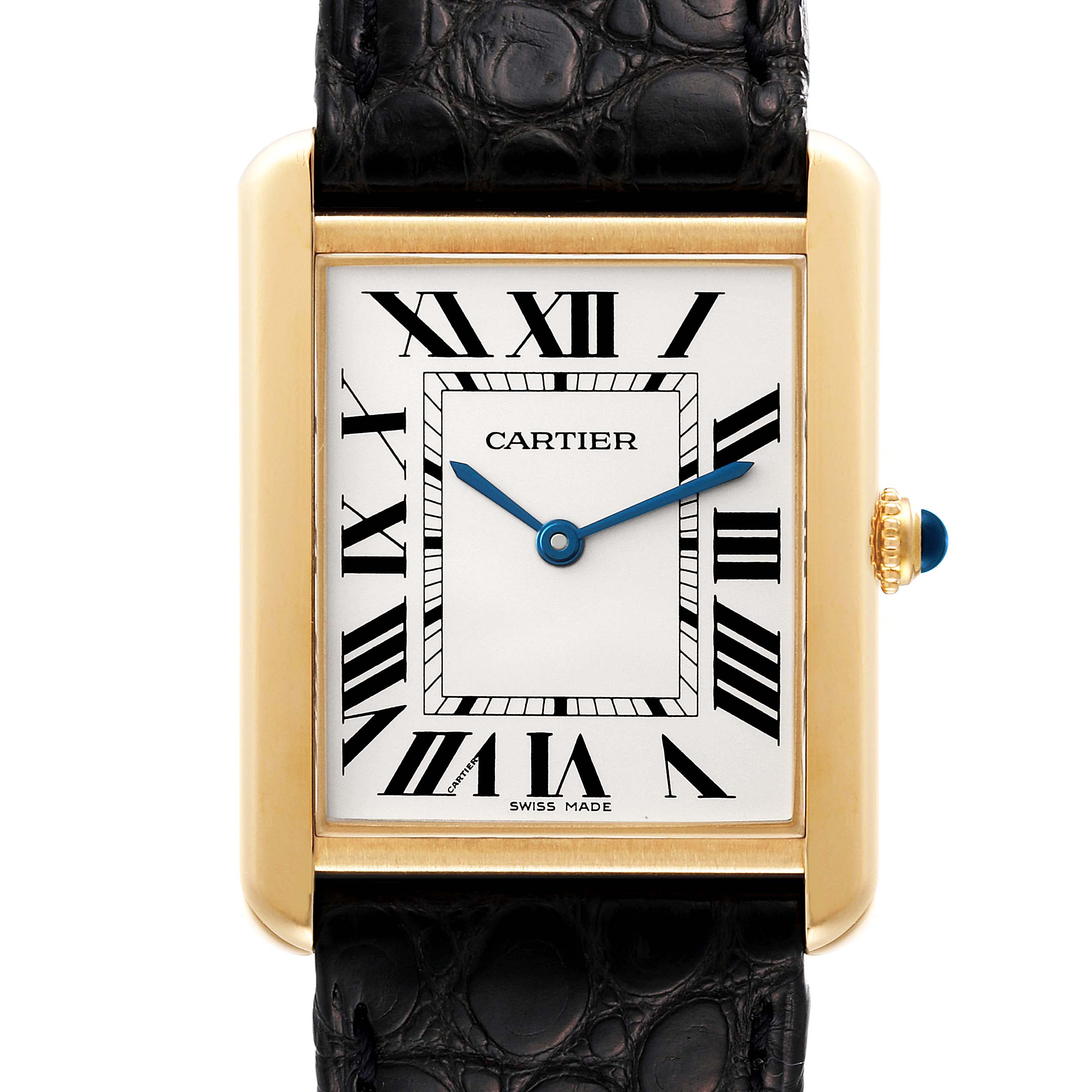 The image shows a front view of the Cartier Tank Solo W1018855 Men's Yellow Gold Silver Dial W1018855 Men's Yellow Gold Silver Dial watch, highlighting its rectangular dial, Roman numerals, and black leather strap.