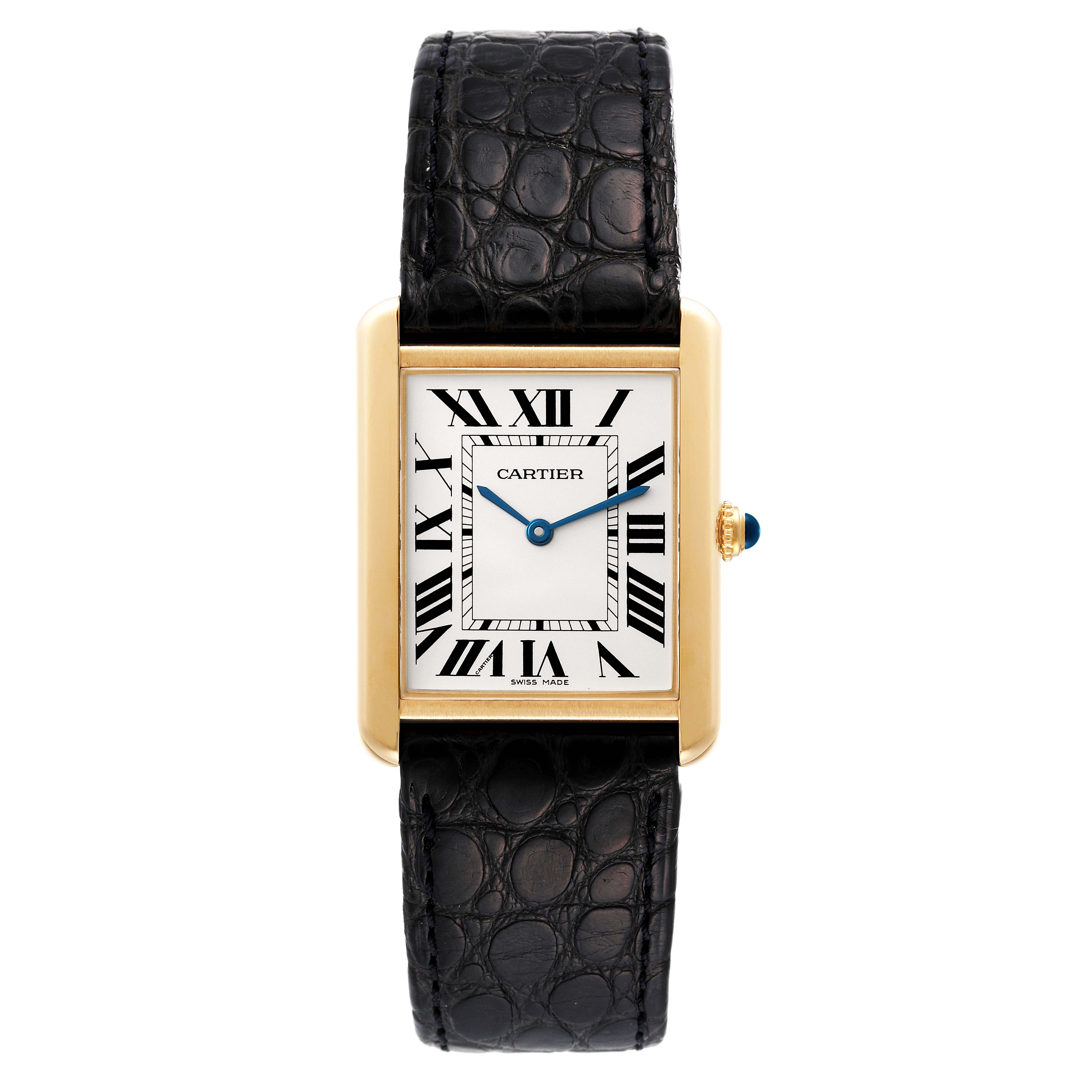 This image shows a front view of the Cartier Tank Solo W1018855 Men's Yellow Gold Silver Dial W1018855 Men's Yellow Gold Silver Dial watch, highlighting its rectangular face, Roman numerals, and black leather strap.
