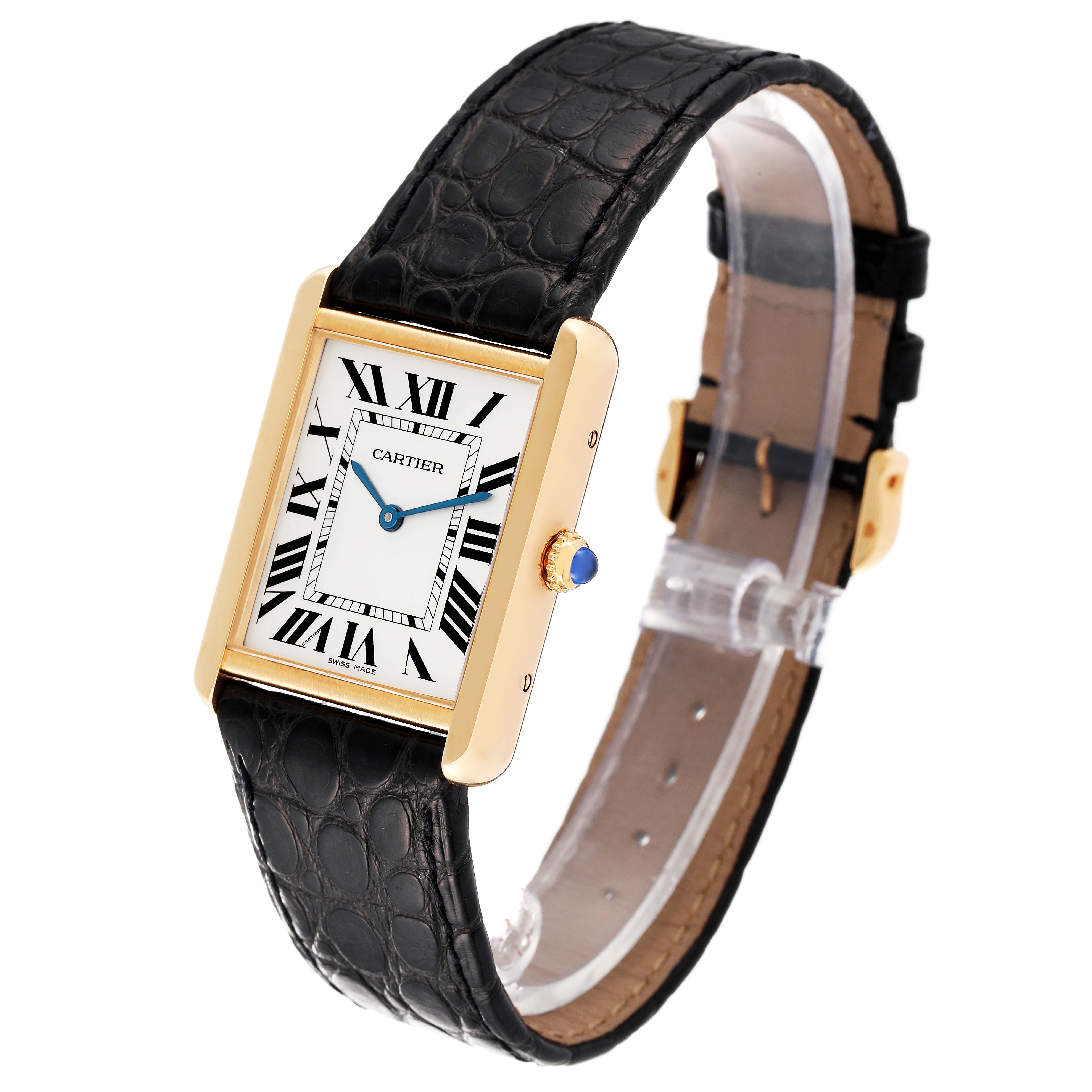 The image shows a Cartier Tank Solo W1018855 Men's Yellow Gold Silver Dial W1018855 Men's Yellow Gold Silver Dial watch at an angle displaying its face, leather strap, and side profile, including the crown.