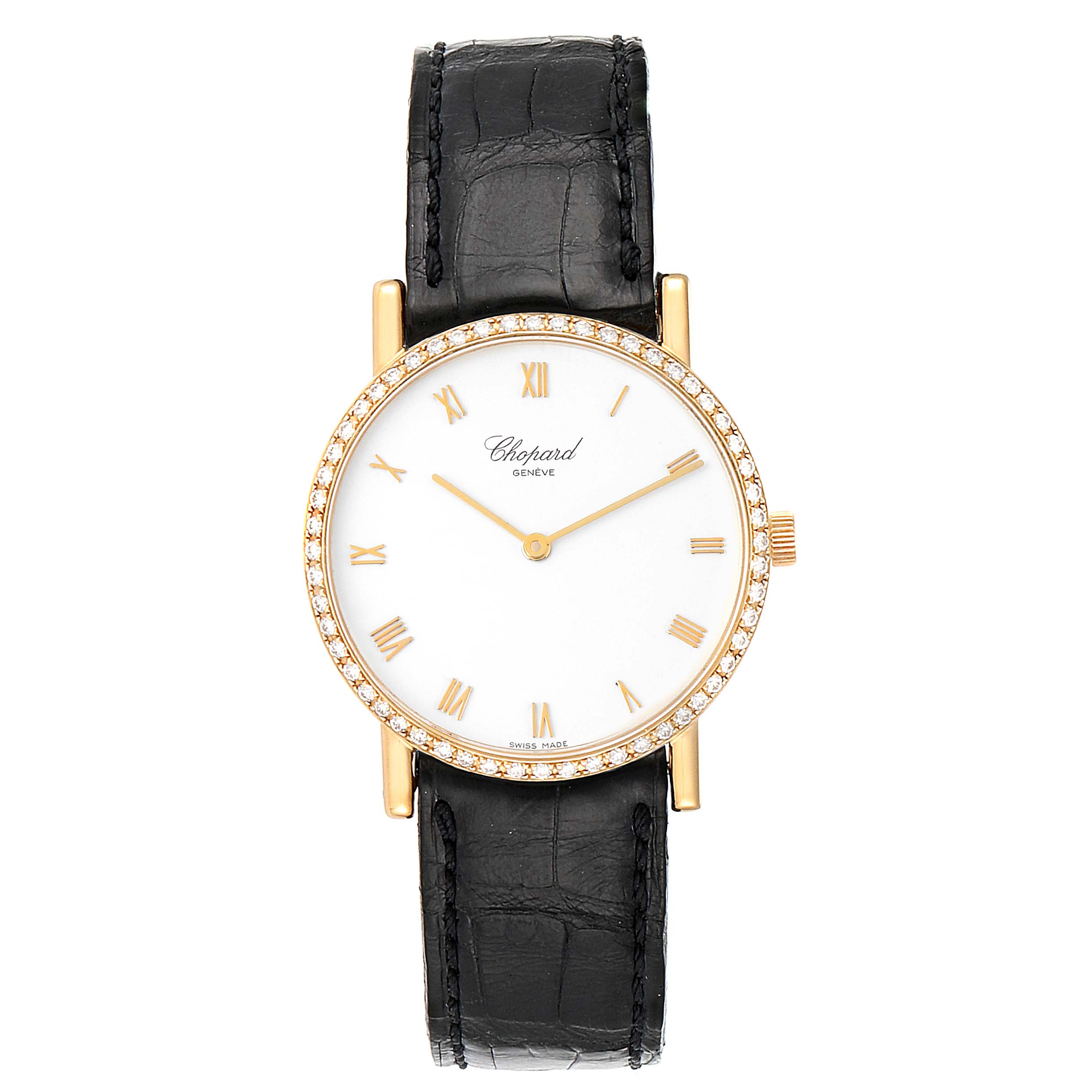 This image shows a front view of the Chopard Happy Diamond 17/3154 Men's Yellow Gold White Dial 17/3154 Men's Yellow Gold White Dial watch, displaying the dial, hands, bezel, and leather strap.