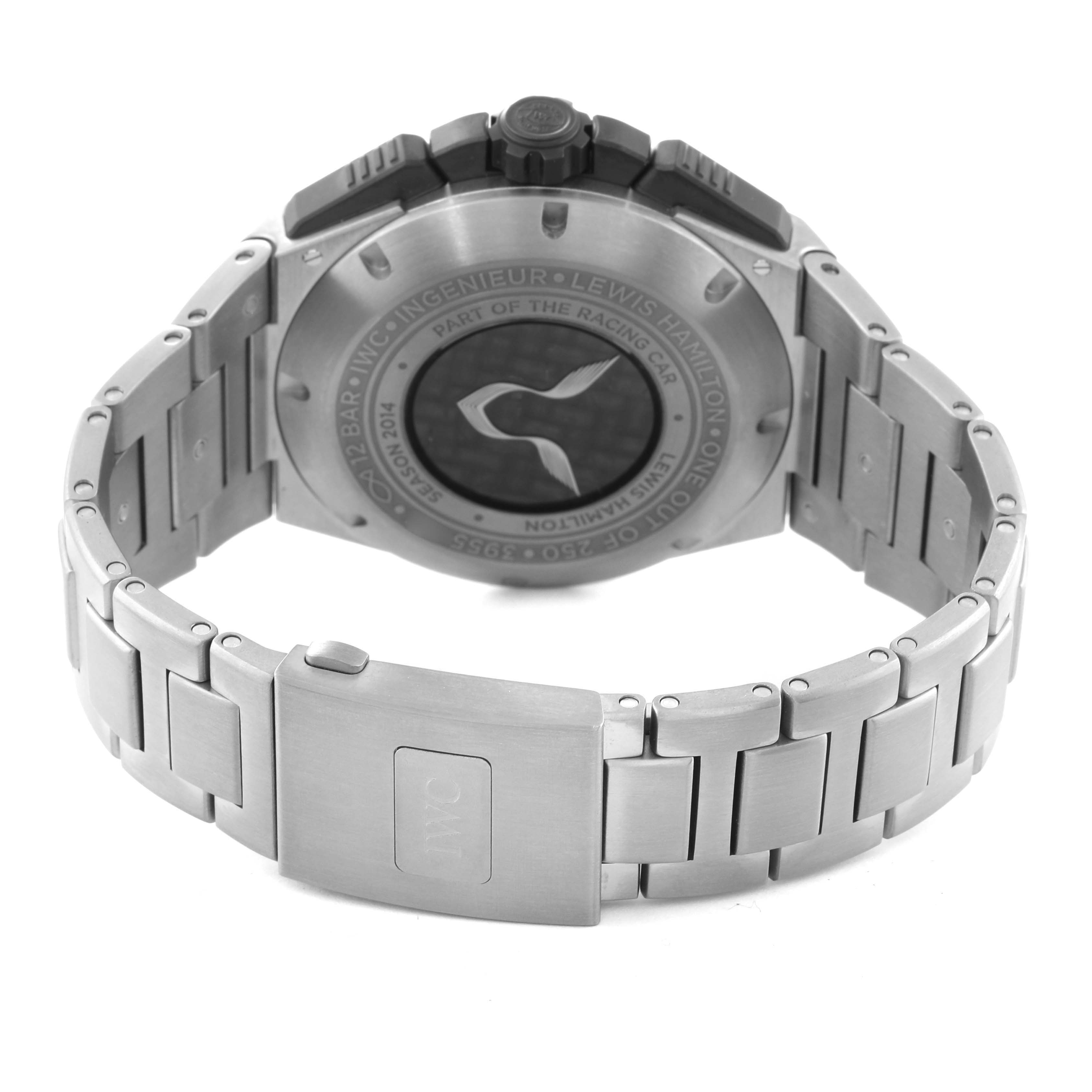 The image shows the back view of the IWC Ingenieur IW379602 Men's Titanium Black Dial IW379602 Men's Titanium Black Dial watch, highlighting its case back and metal bracelet.