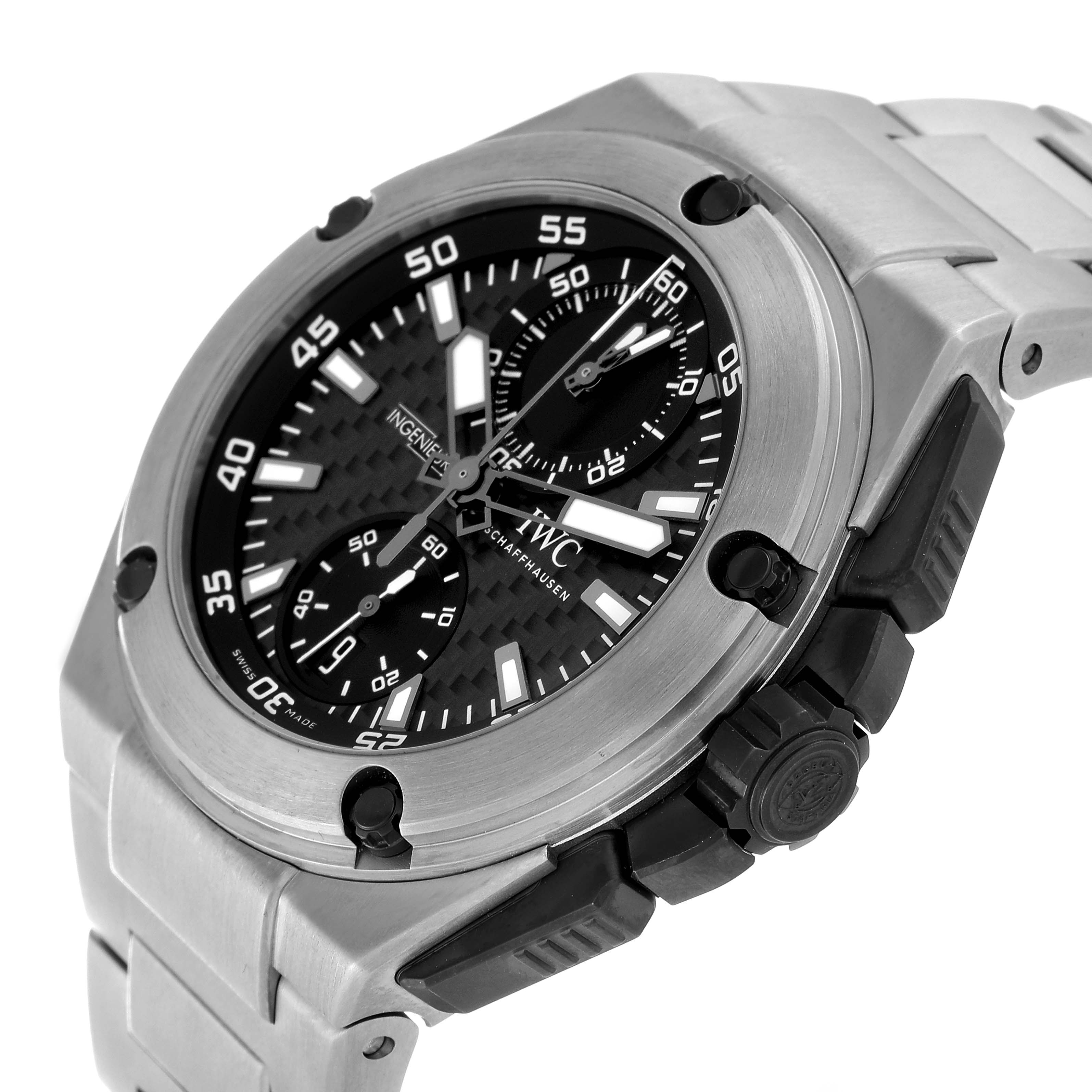 The image shows a close-up angled view of the IWC Ingenieur IW379602 Men's Titanium Black Dial IW379602 Men's Titanium Black Dial watch, highlighting its dial, bezel, and crown.