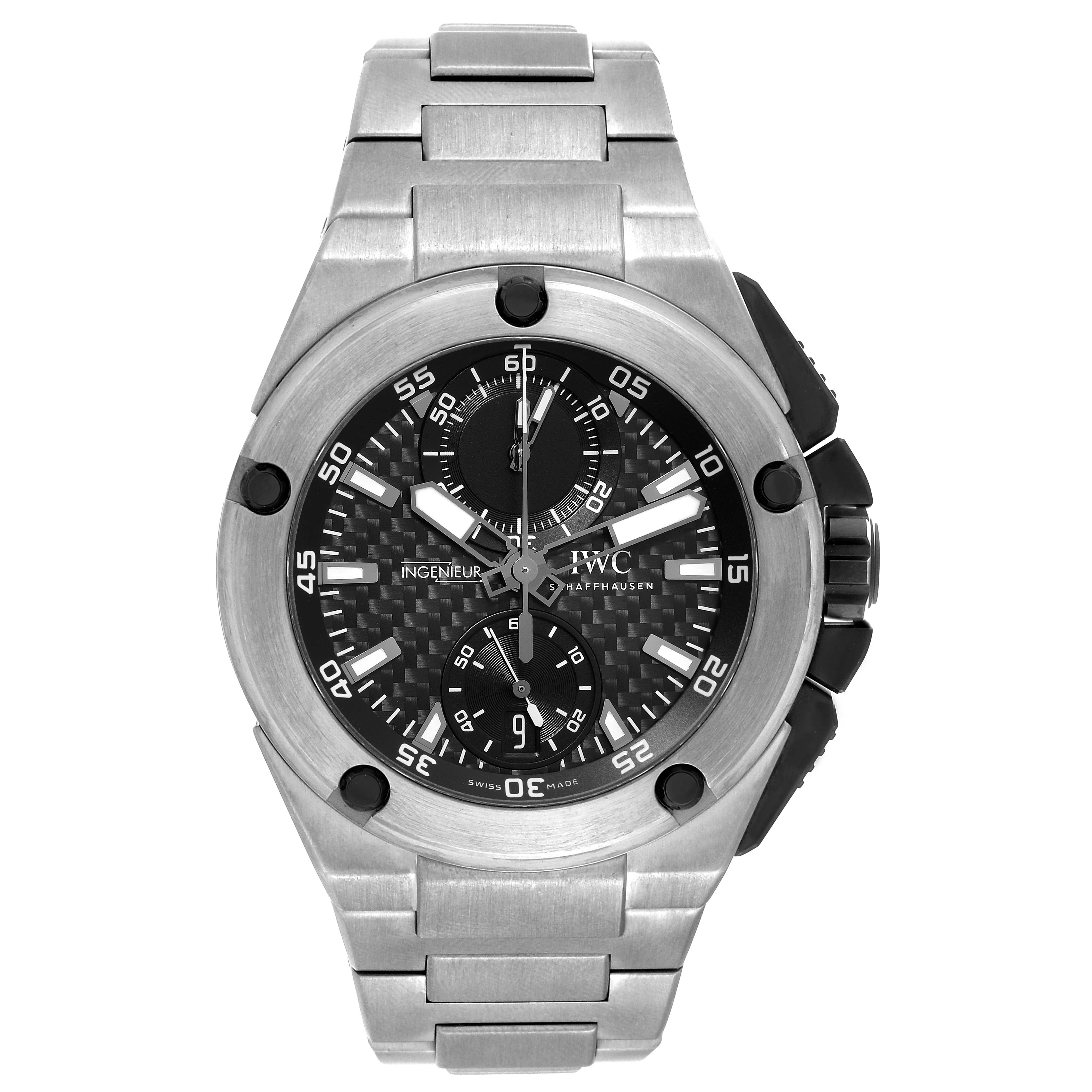 This image shows a front view of the IWC Ingenieur IW379602 Men's Titanium Black Dial IW379602 Men's Titanium Black Dial watch, featuring the face, bezel, crown, and bracelet.