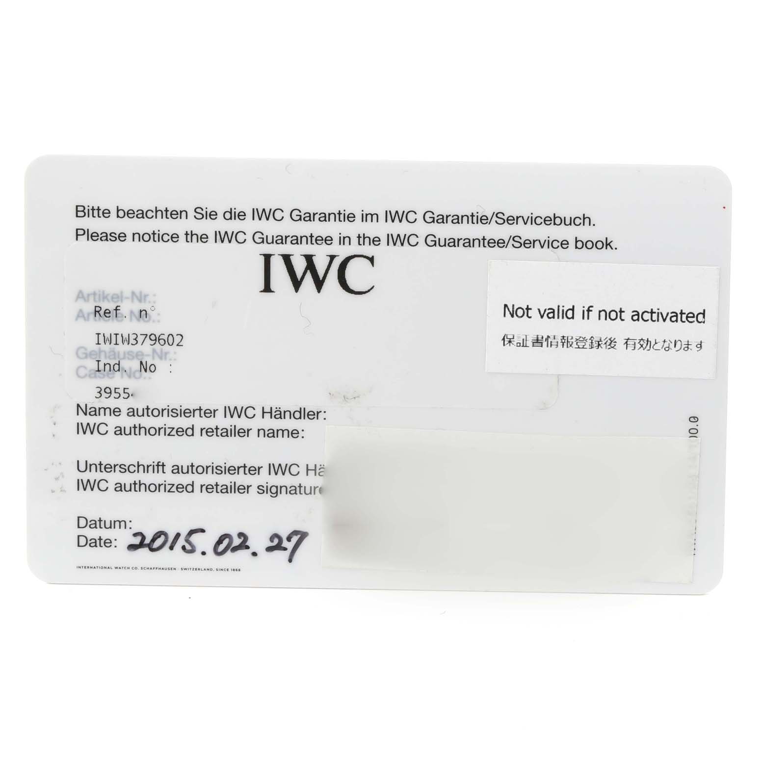 This image showcases the warranty card for the IWC Ingenieur IW379602 Men's Titanium Black Dial IW379602 Men's Titanium Black Dial model watch, with various fields for information and activation details.