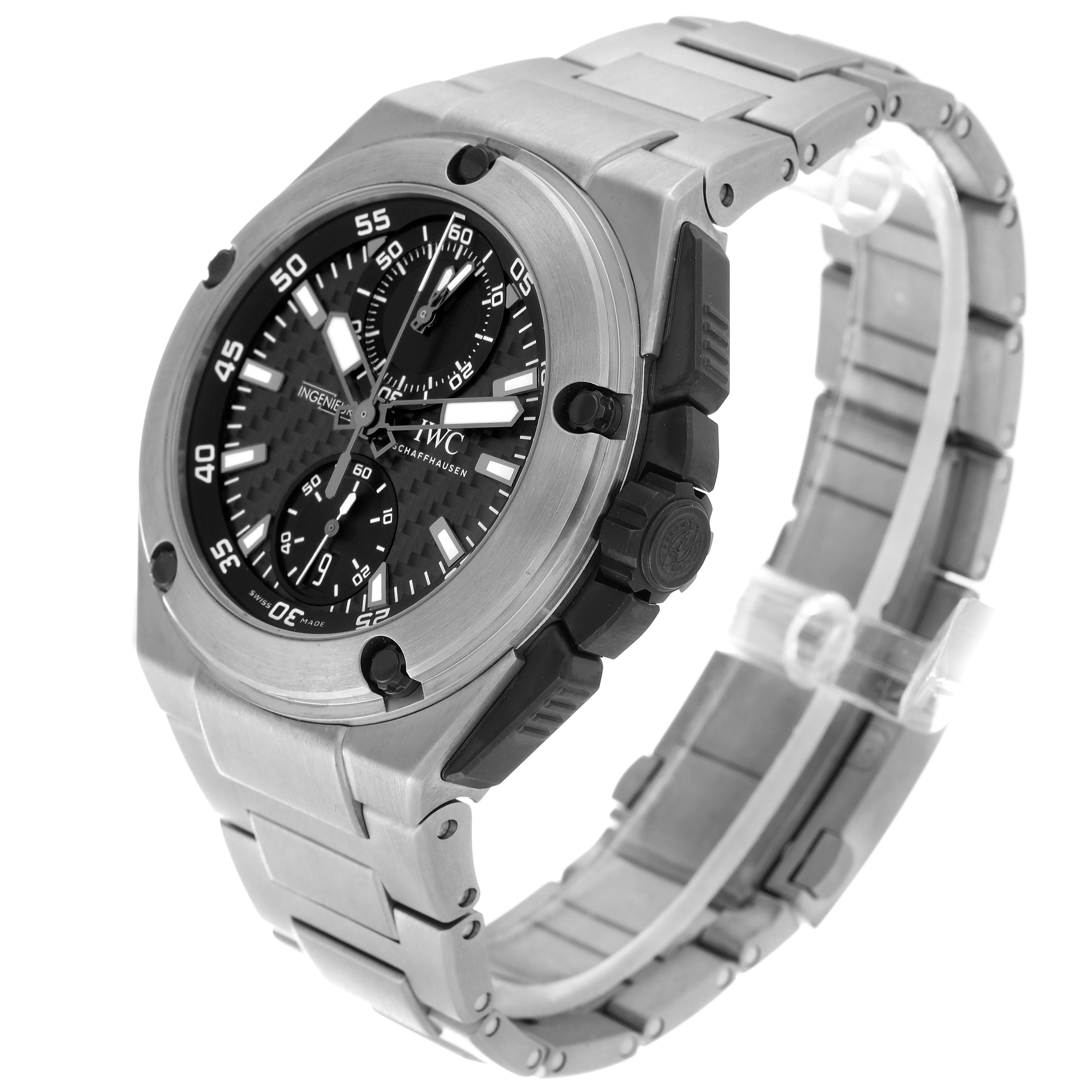 The image shows a side angle view of the IWC Ingenieur IW379602 Men's Titanium Black Dial IW379602 Men's Titanium Black Dial watch, highlighting the dial, bezel, crown, bracelet, and part of the clasp.