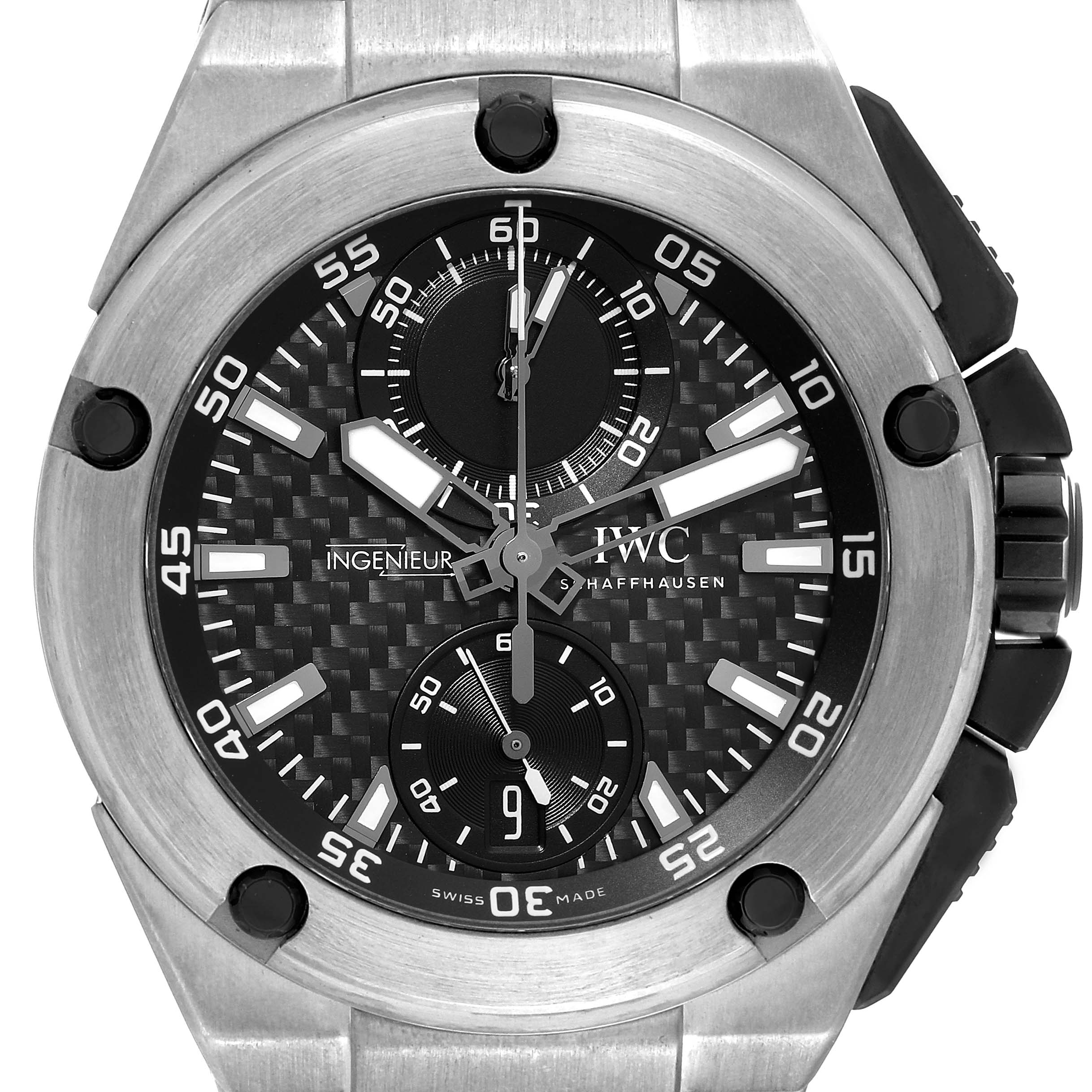 The image shows a front close-up view of the IWC Ingenieur IW379602 Men's Titanium Black Dial IW379602 Men's Titanium Black Dial watch face, highlighting the dial, hands, subdials, and bezel.