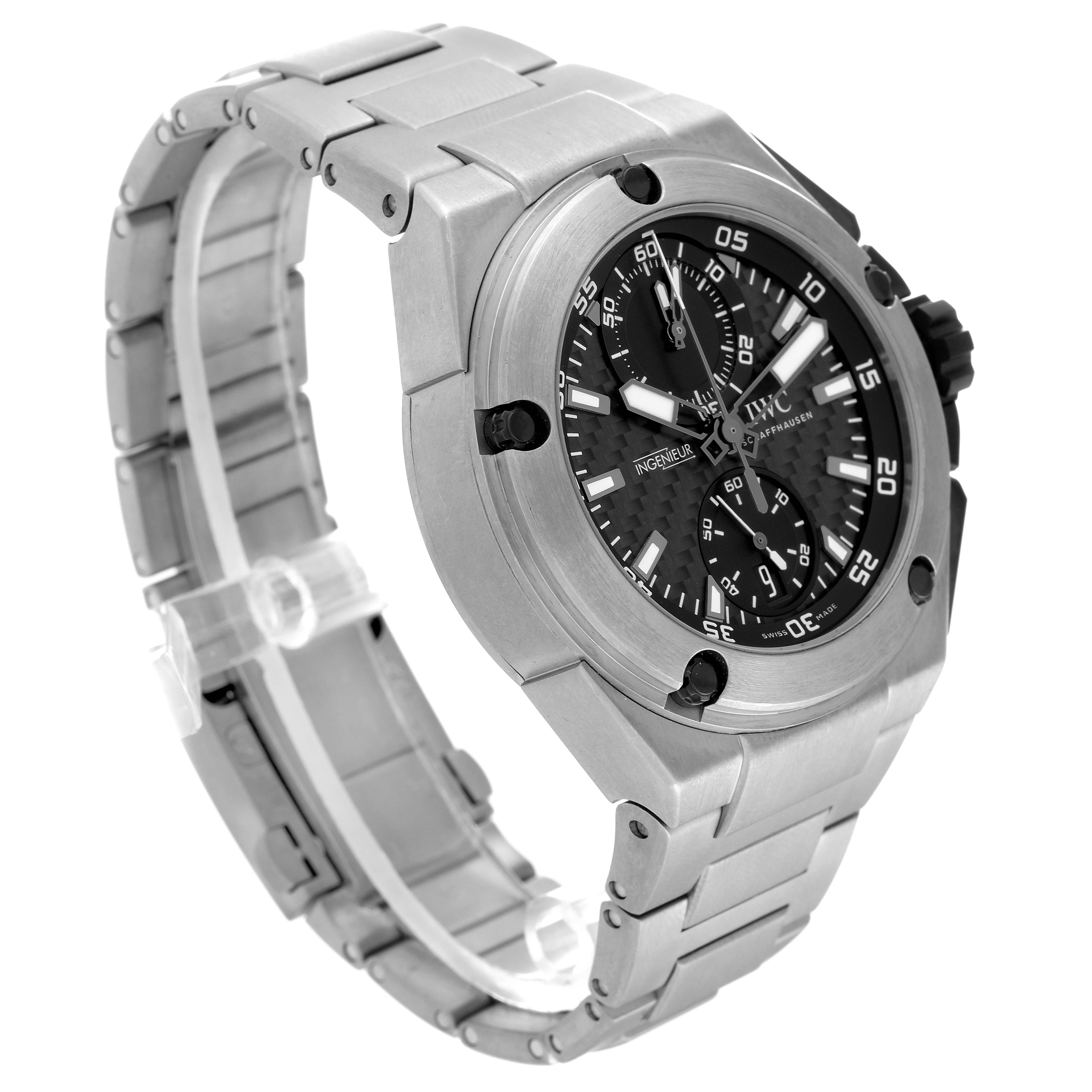 The image shows a side and front angle of the IWC Ingenieur IW379602 Men's Titanium Black Dial IW379602 Men's Titanium Black Dial watch, highlighting its dial, bezel, and metal strap.