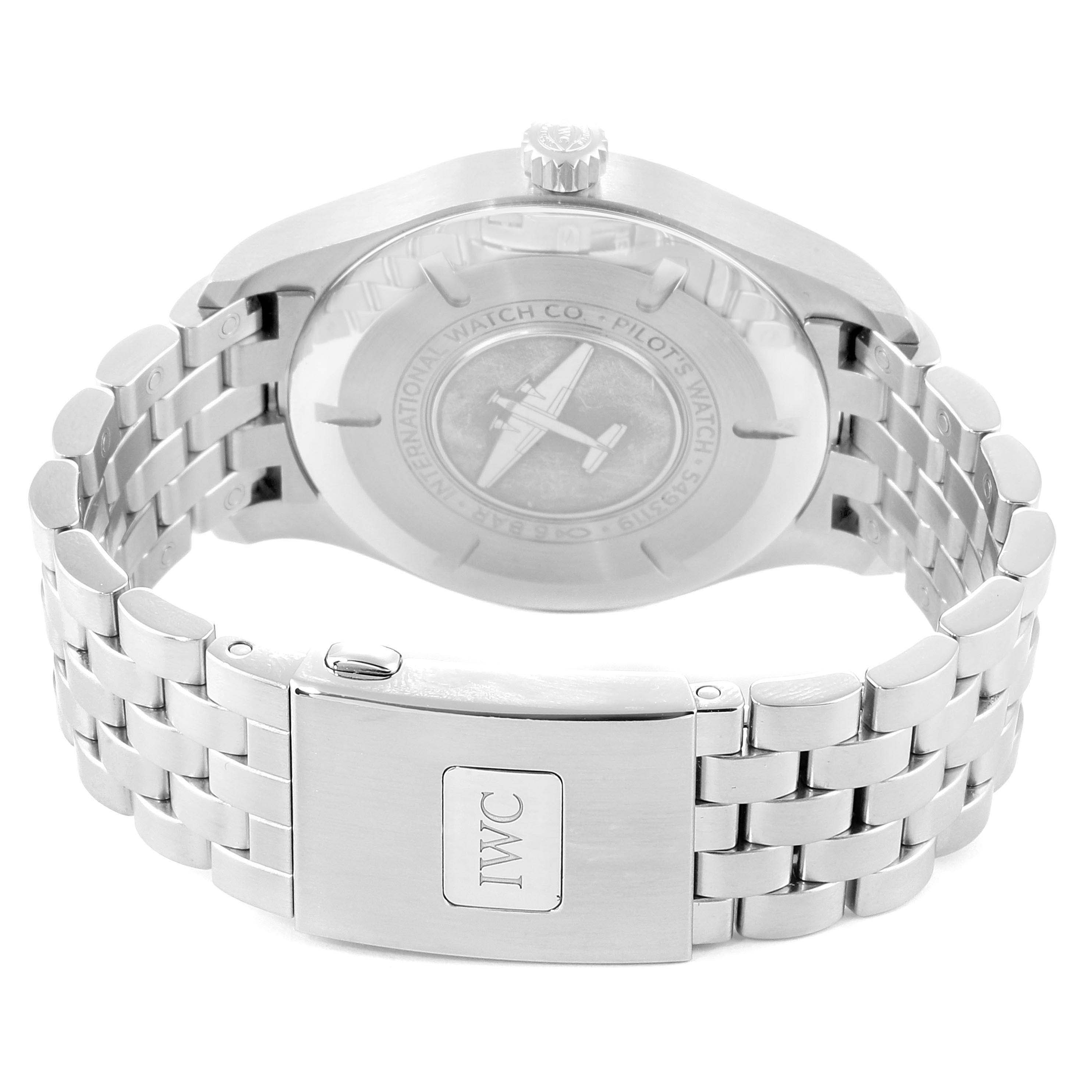 This image shows the back view of an IWC Pilot IW327011 Men's Stainless Steel Black Dial IW327011 Men's Stainless Steel Black Dial model watch, highlighting the case back and metal bracelet.